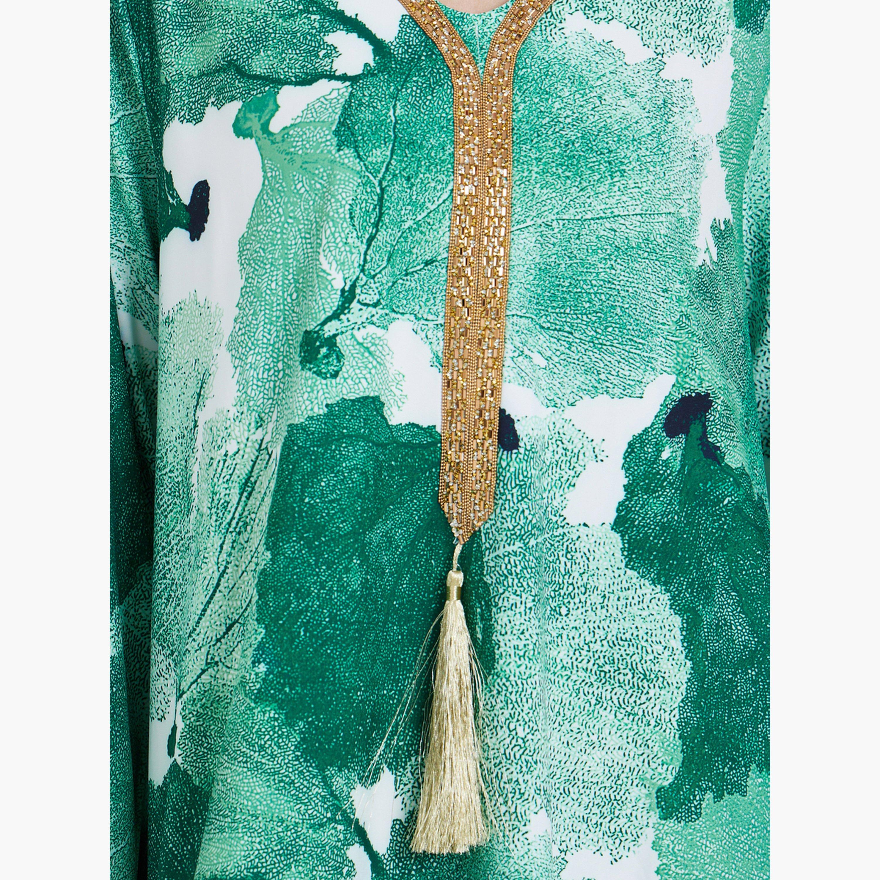 Amirah X Styli Women Green Printed Jalabiya with Tassel Detail-women-arabicclothing-jalabiyas-image-4