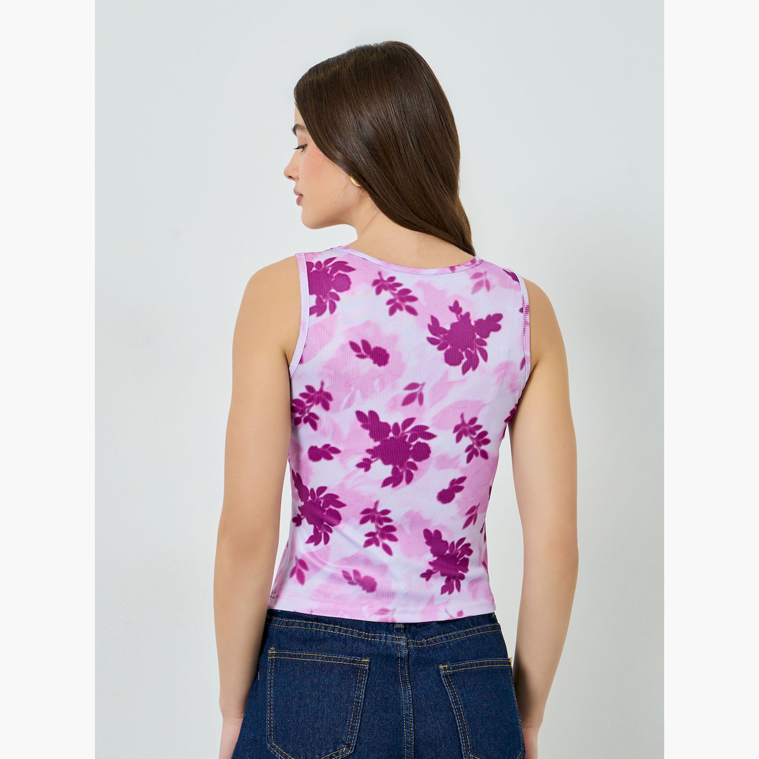 تيشيرت مضلع ضيق بنقشة زهور-women-clothing-tshirts-image-3