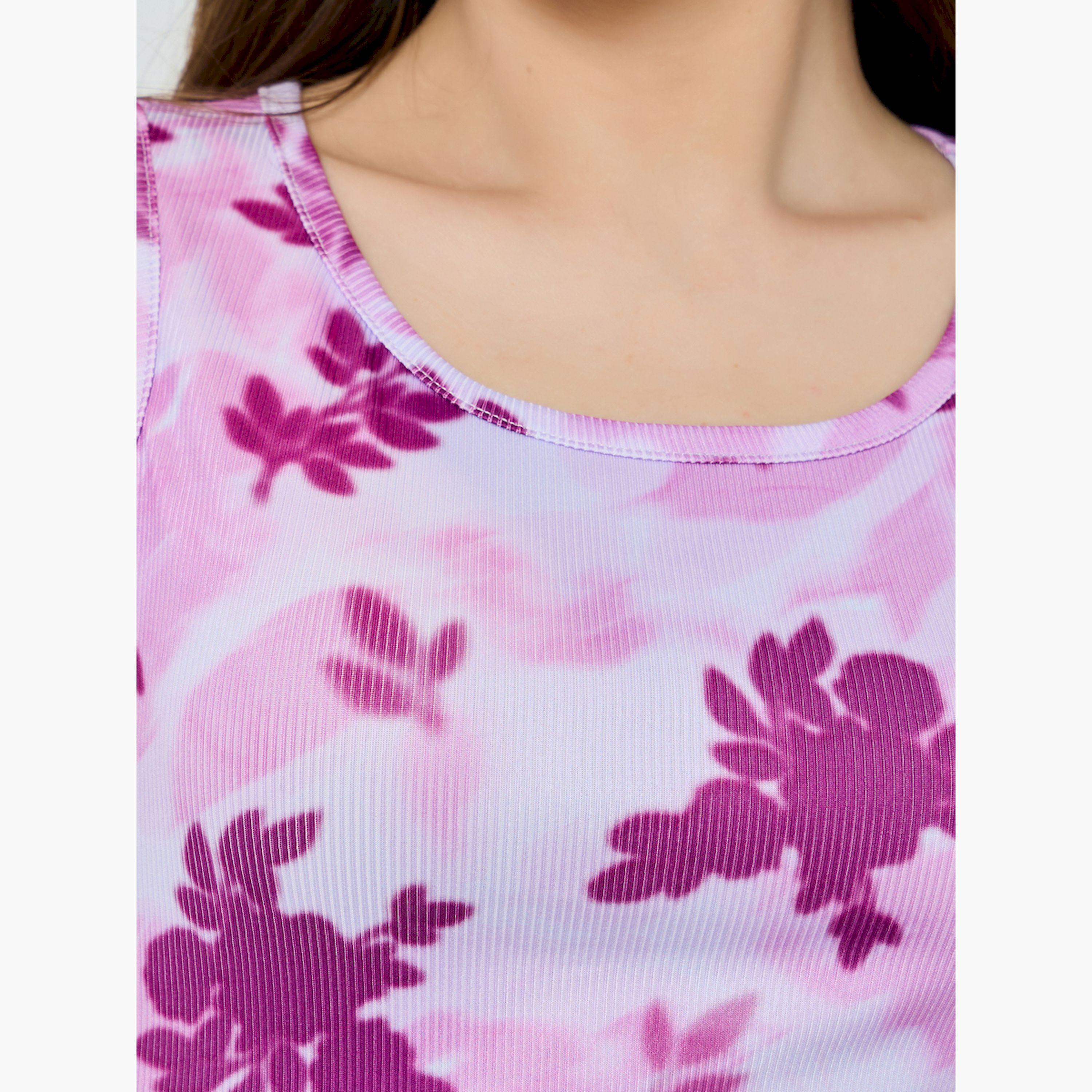 تيشيرت مضلع ضيق بنقشة زهور-women-clothing-tshirts-image-4