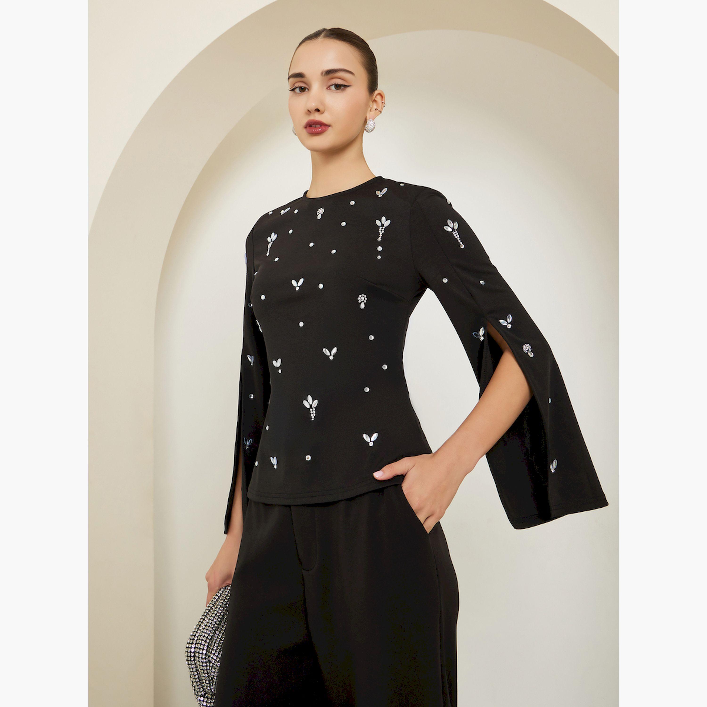Styli Black Embellished Slit Sleeve Top-women-clothing-shirtsandblouses-blouses-image-1
