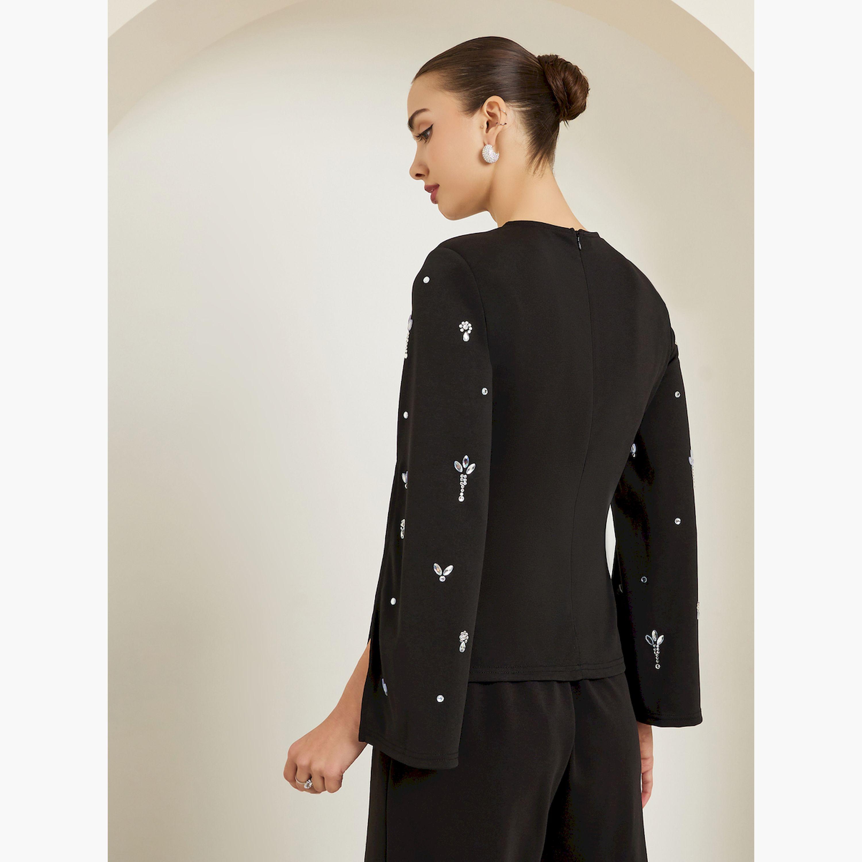 Styli Black Embellished Slit Sleeve Top-women-clothing-shirtsandblouses-blouses-image-3