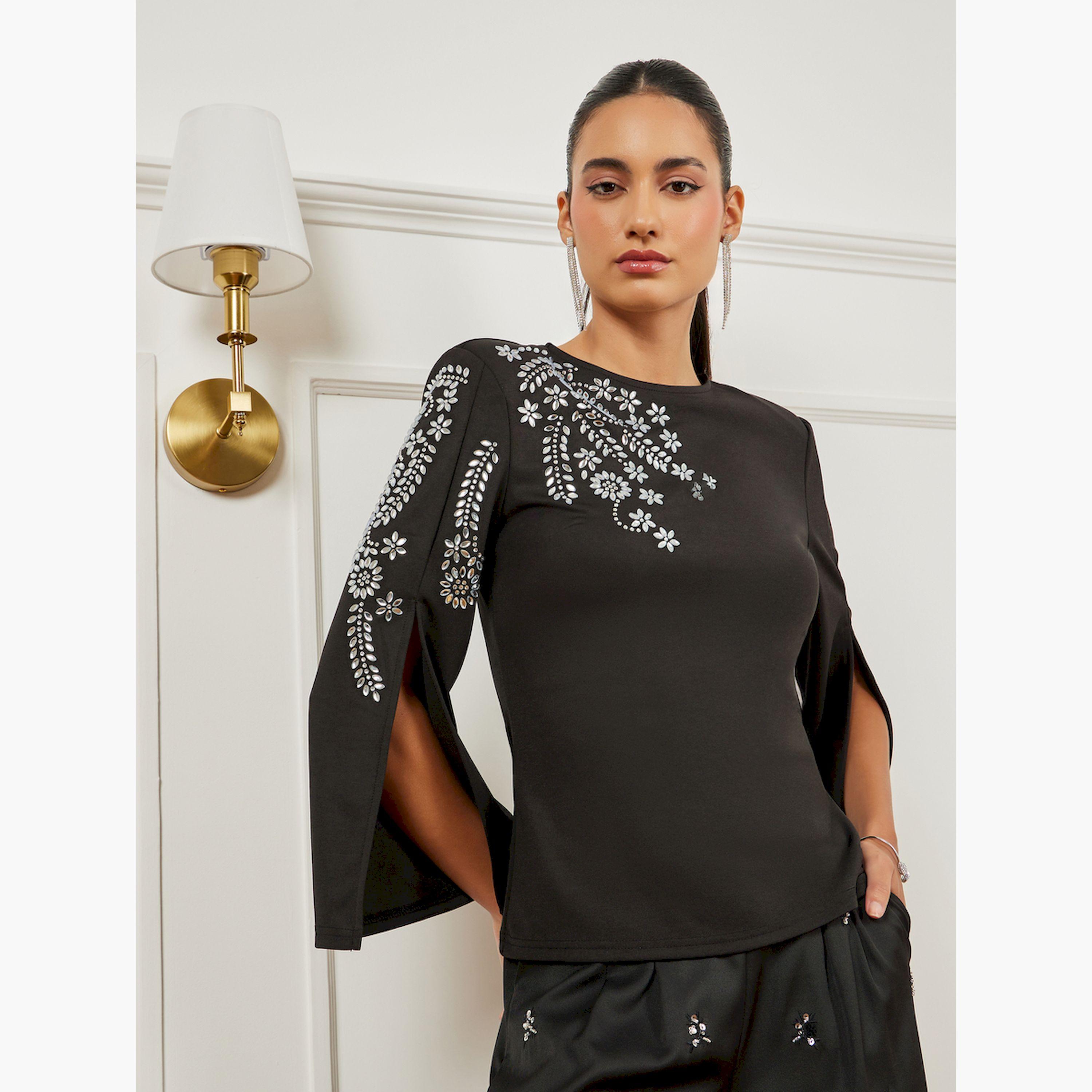 بلوزة بأكتاف مبطنة وأكمام بشق-women-clothing-shirtsandblouses-blouses-image-3