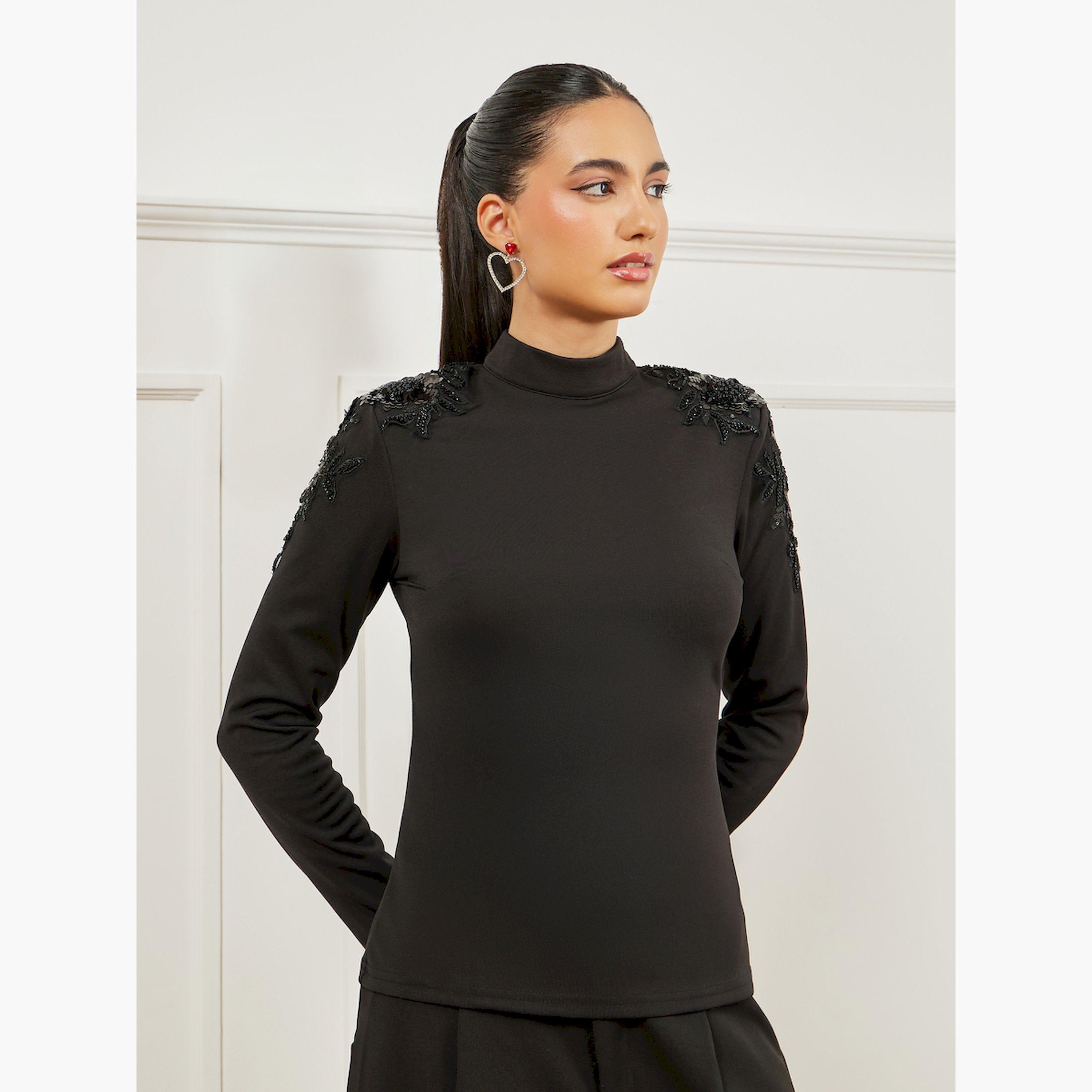 Styli Black Embellished Shoulder Knit Top-women-clothing-shirtsandblouses-blouses-image-1