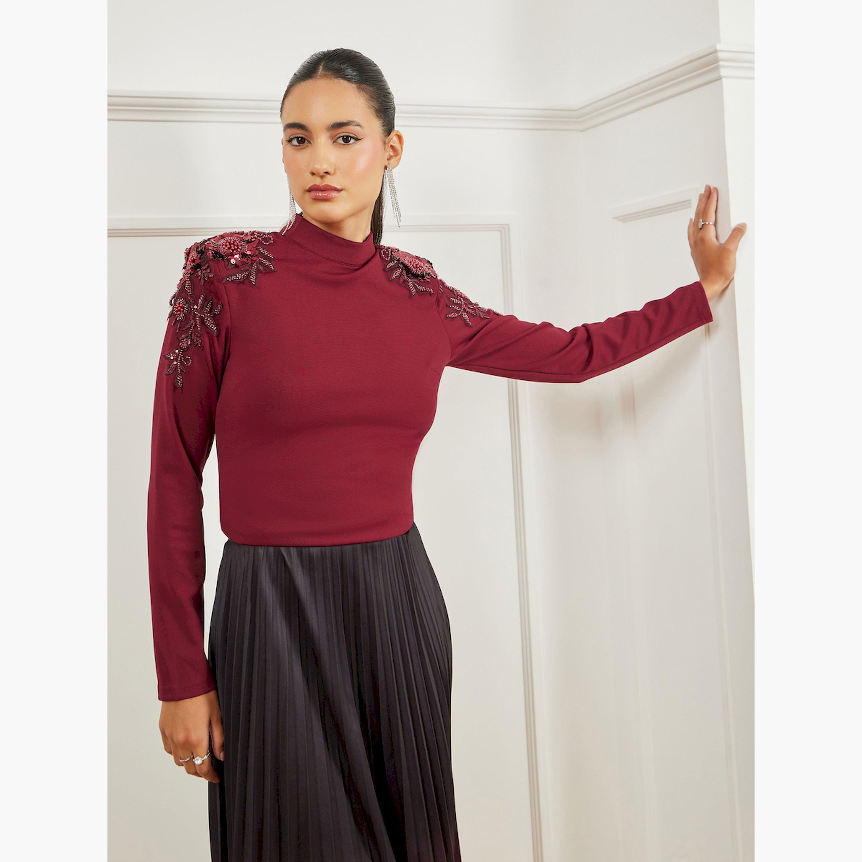 Styli Burgundy Embellished Shoulder Knit Top-women-clothing-shirtsandblouses-blouses-image-3