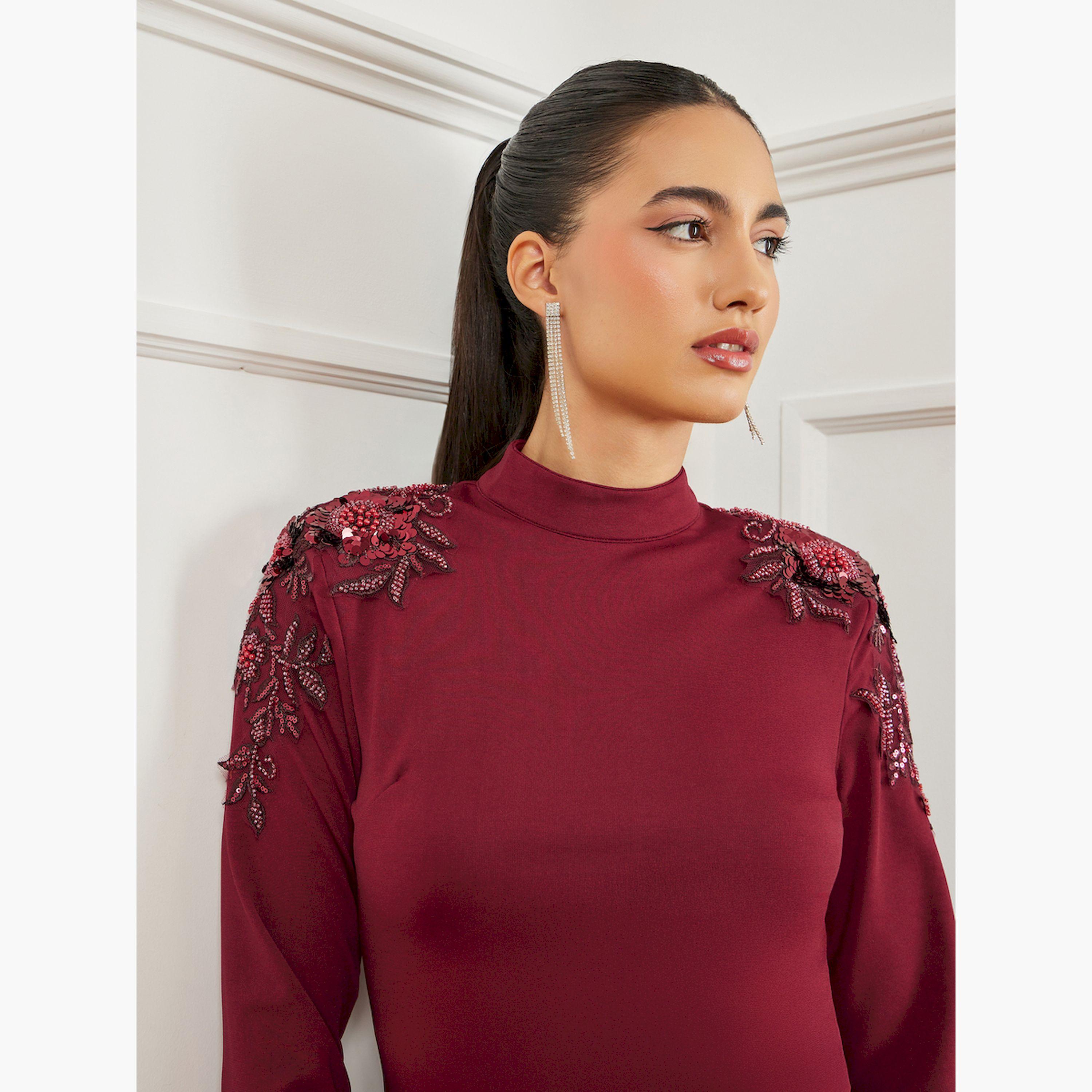 Styli Burgundy Embellished Shoulder Knit Top-women-clothing-shirtsandblouses-blouses-image-4