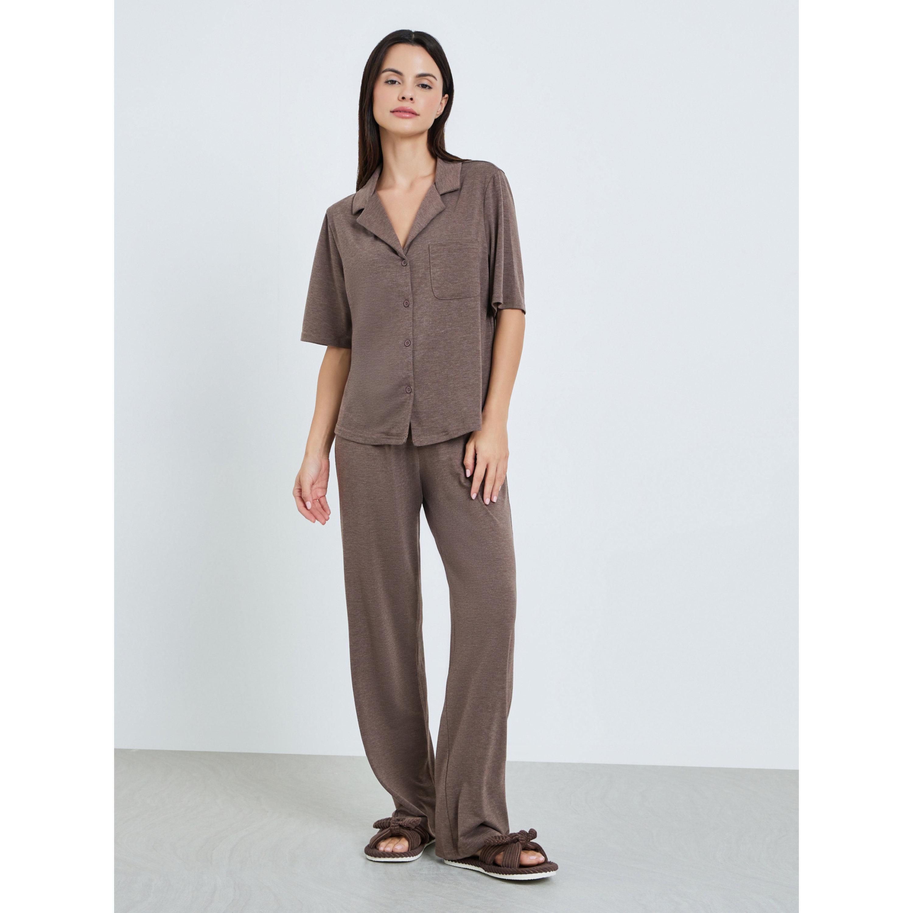 Styli Women Brown Melange Shirt and Pyjama Set-women-clothing-nightwear-pyjamas-longsets-image-1