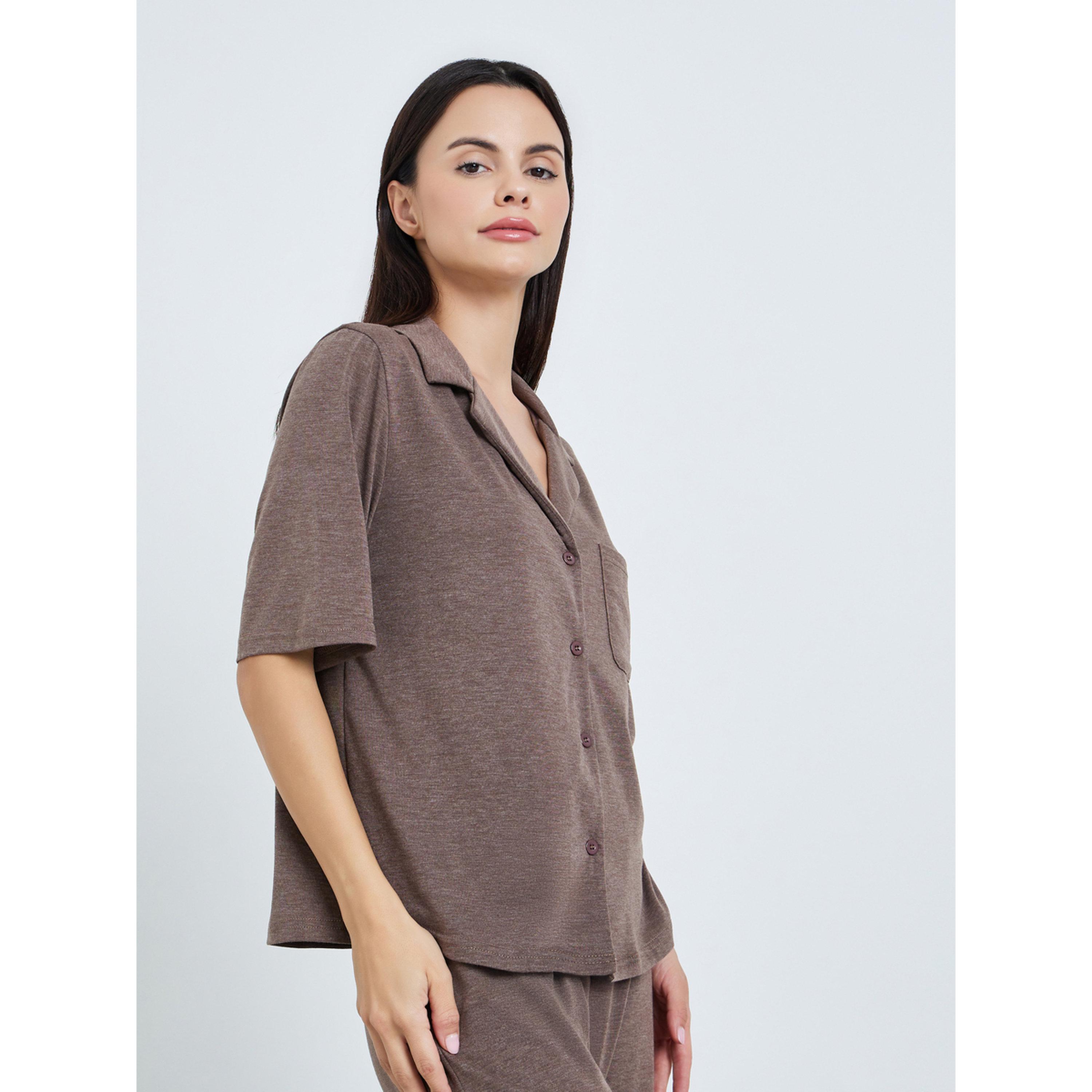 Styli Women Brown Melange Shirt and Pyjama Set-women-clothing-nightwear-pyjamas-longsets-image-2