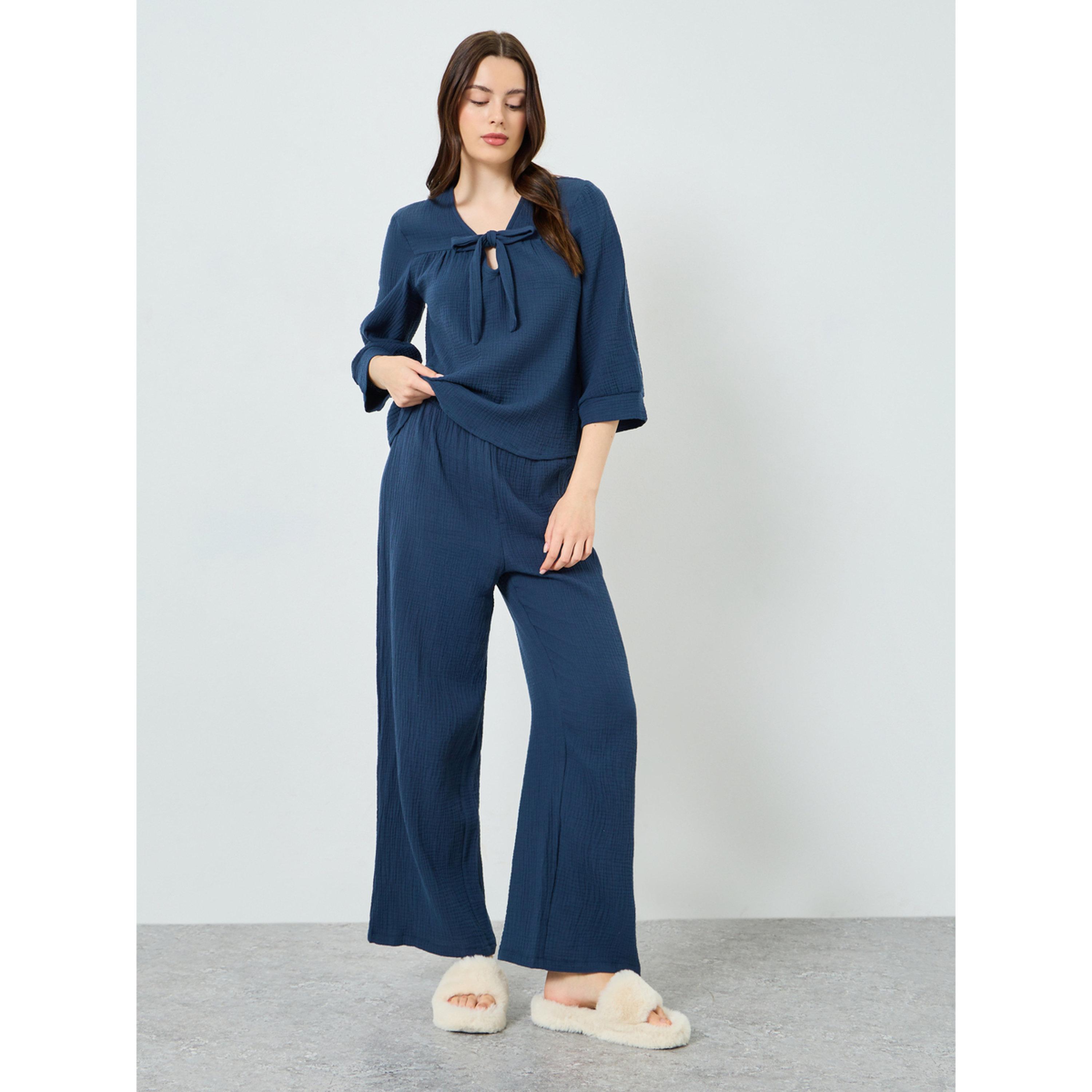 طقم بيجاما من بنطال وبلوزة بربطة أمامية-women-clothing-nightwear-pyjamas-longsets-image-1