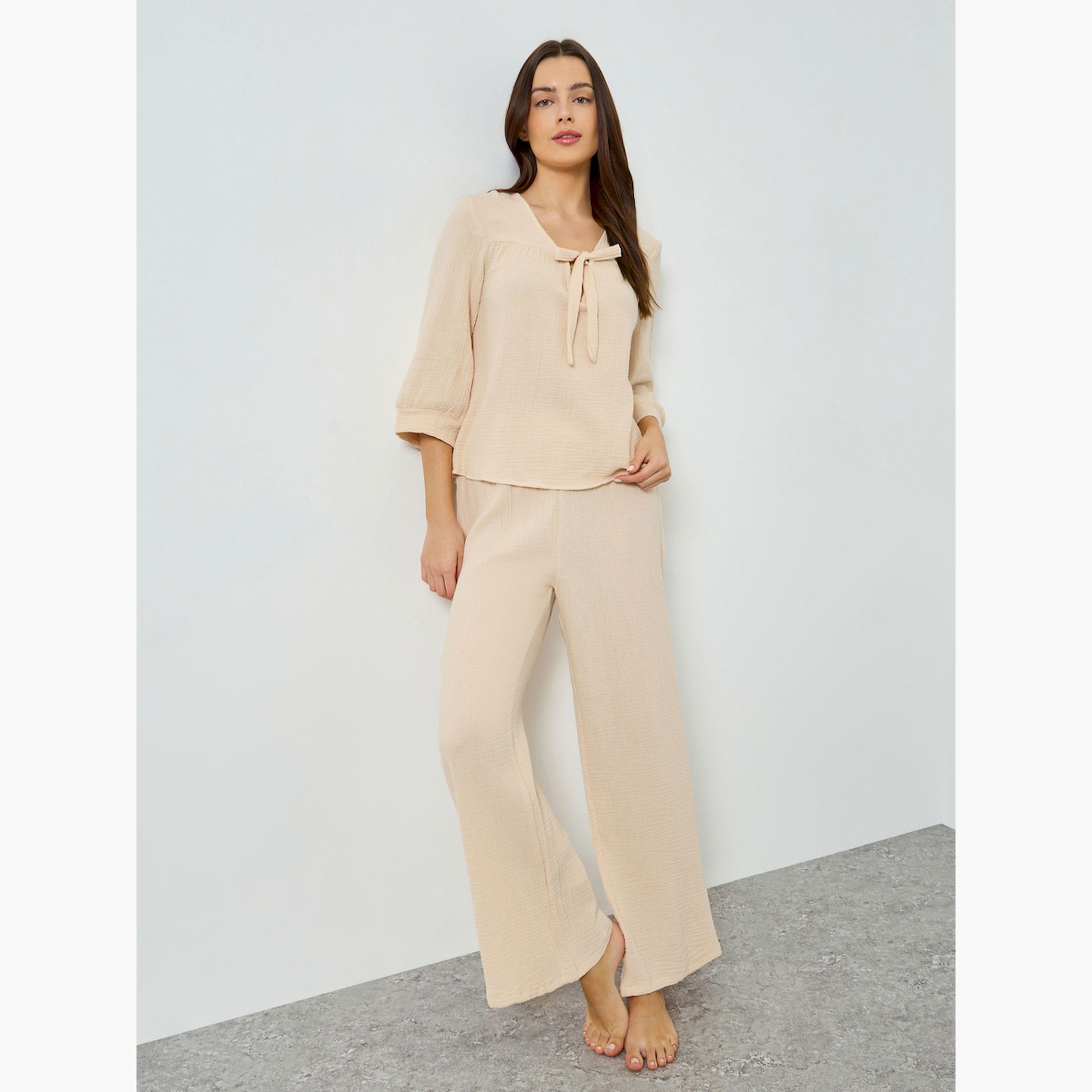 Styli Double Gauze Cotton Tie Front Top and Wide Leg Pyjama Set-women-clothing-nightwear-pyjamas-longsets-image-1