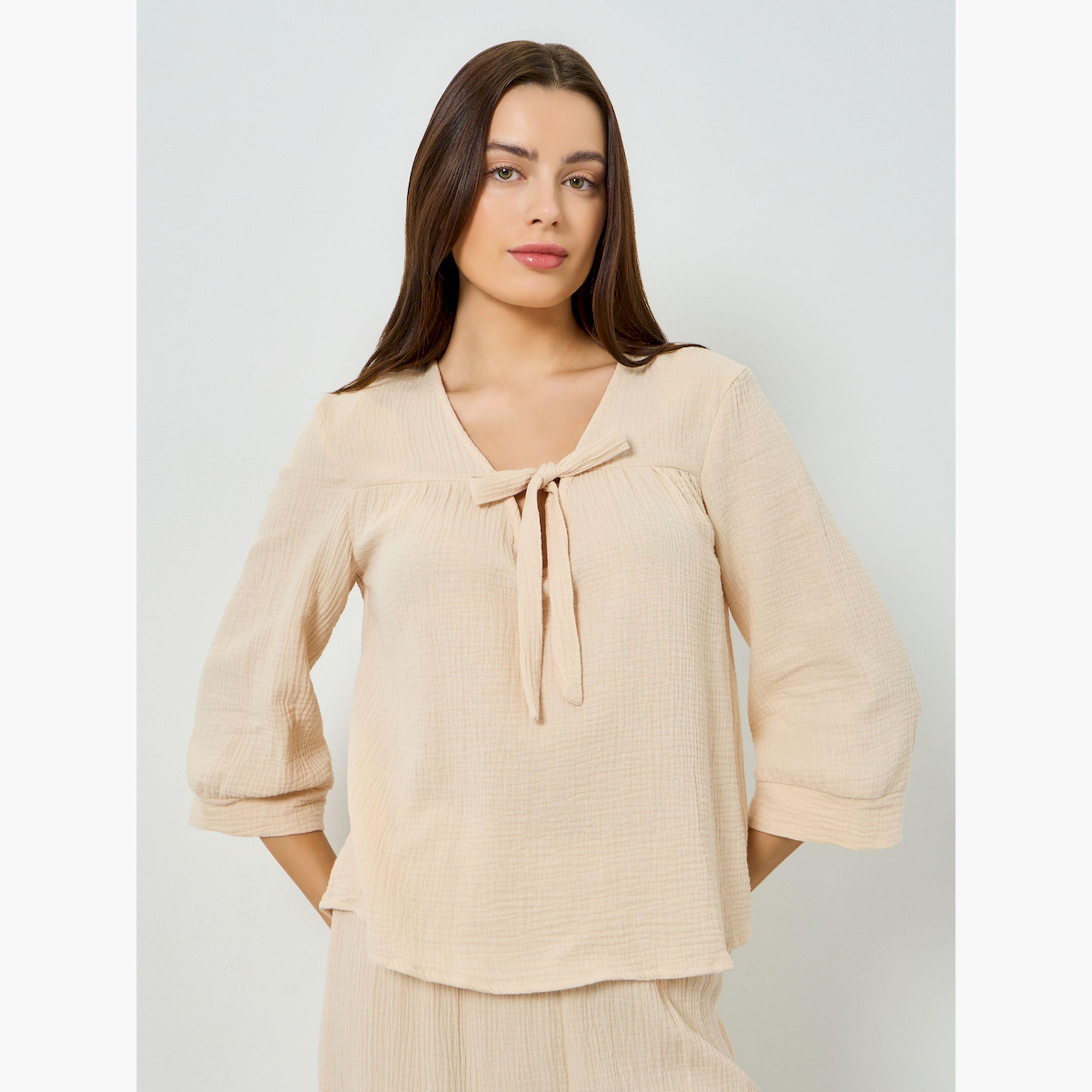 مجموعة من بيجاما بأرجل واسعة وبلوزة برباط أمامي من قطن الشاش-women-clothing-nightwear-pyjamas-longsets-image-2