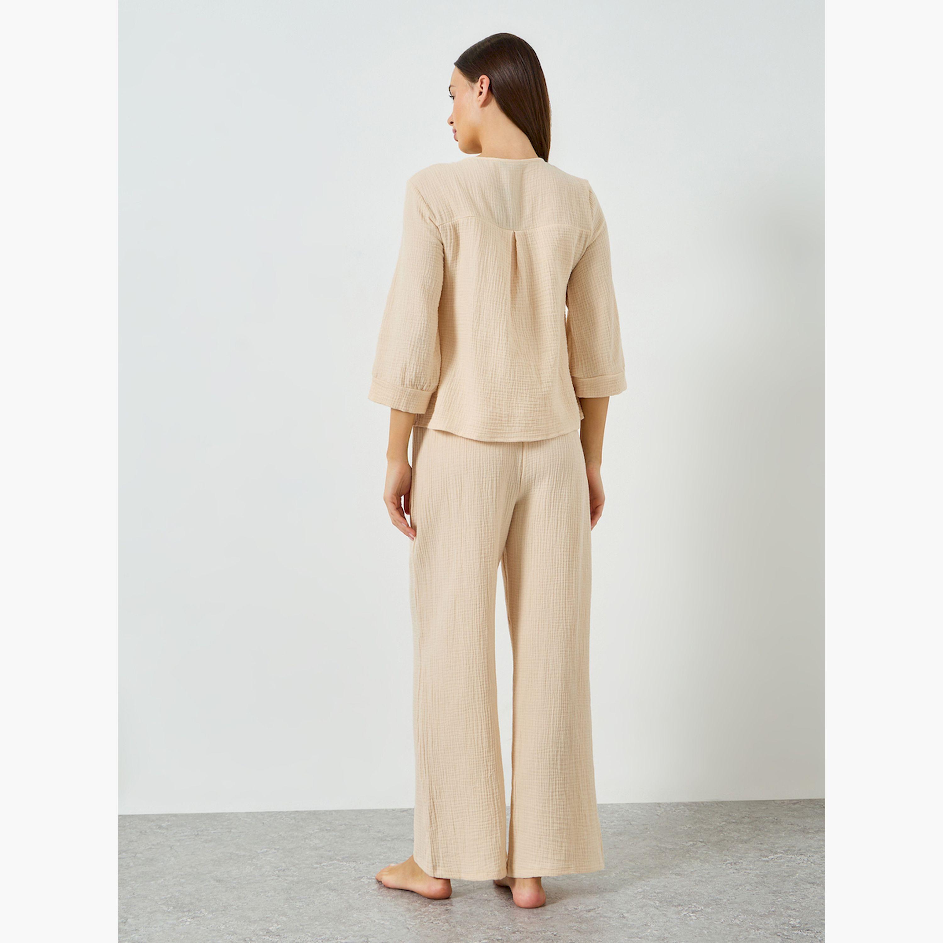 Styli Double Gauze Cotton Tie Front Top and Wide Leg Pyjama Set-women-clothing-nightwear-pyjamas-longsets-image-3
