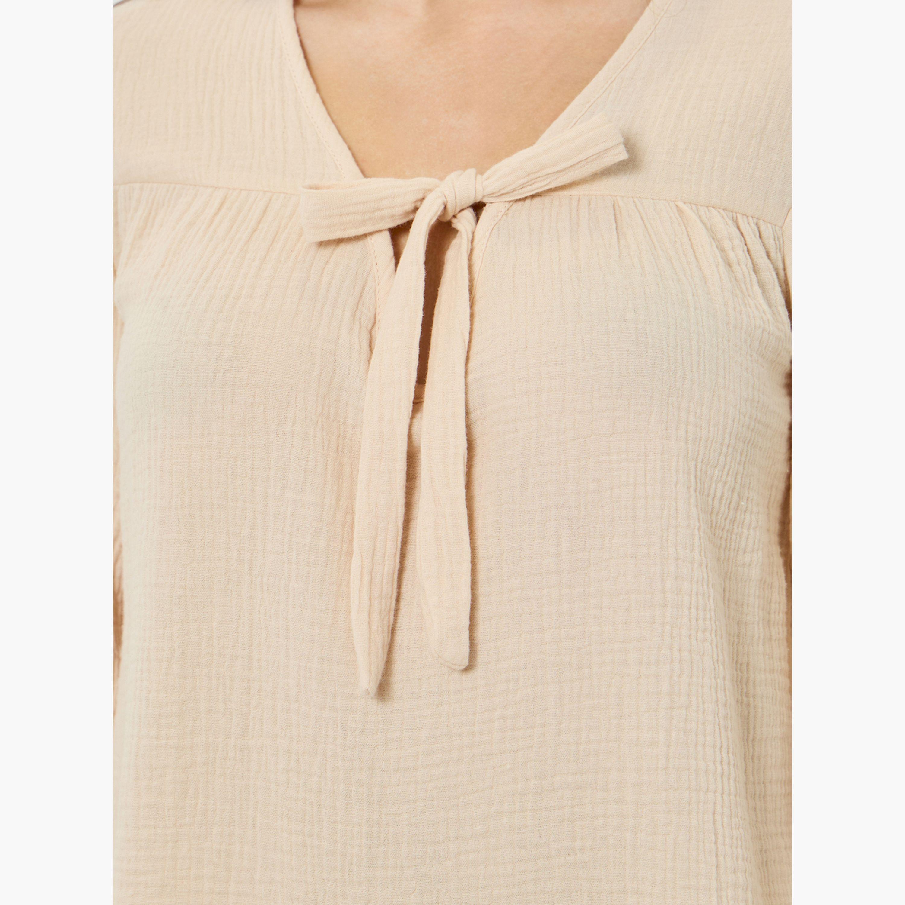 Styli Double Gauze Cotton Tie Front Top and Wide Leg Pyjama Set-women-clothing-nightwear-pyjamas-longsets-image-5