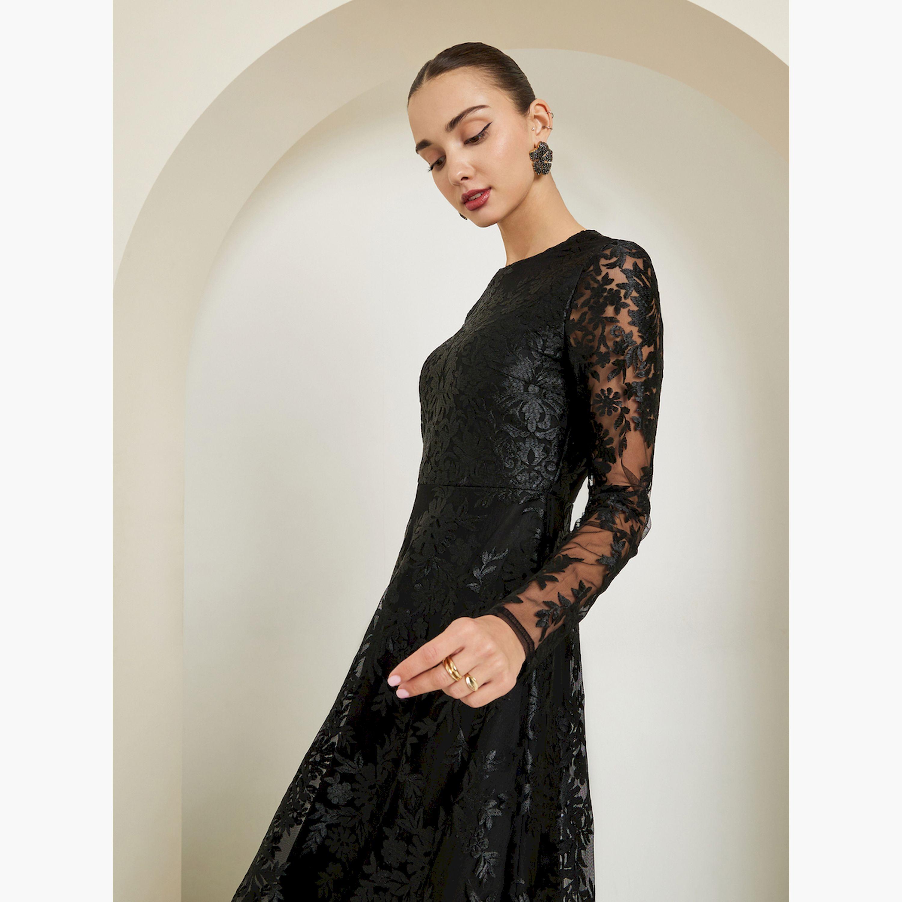 Styli All-Lace Textured Long Sleeve A-Line Maxi Dress-women-clothing-dresses-image-2