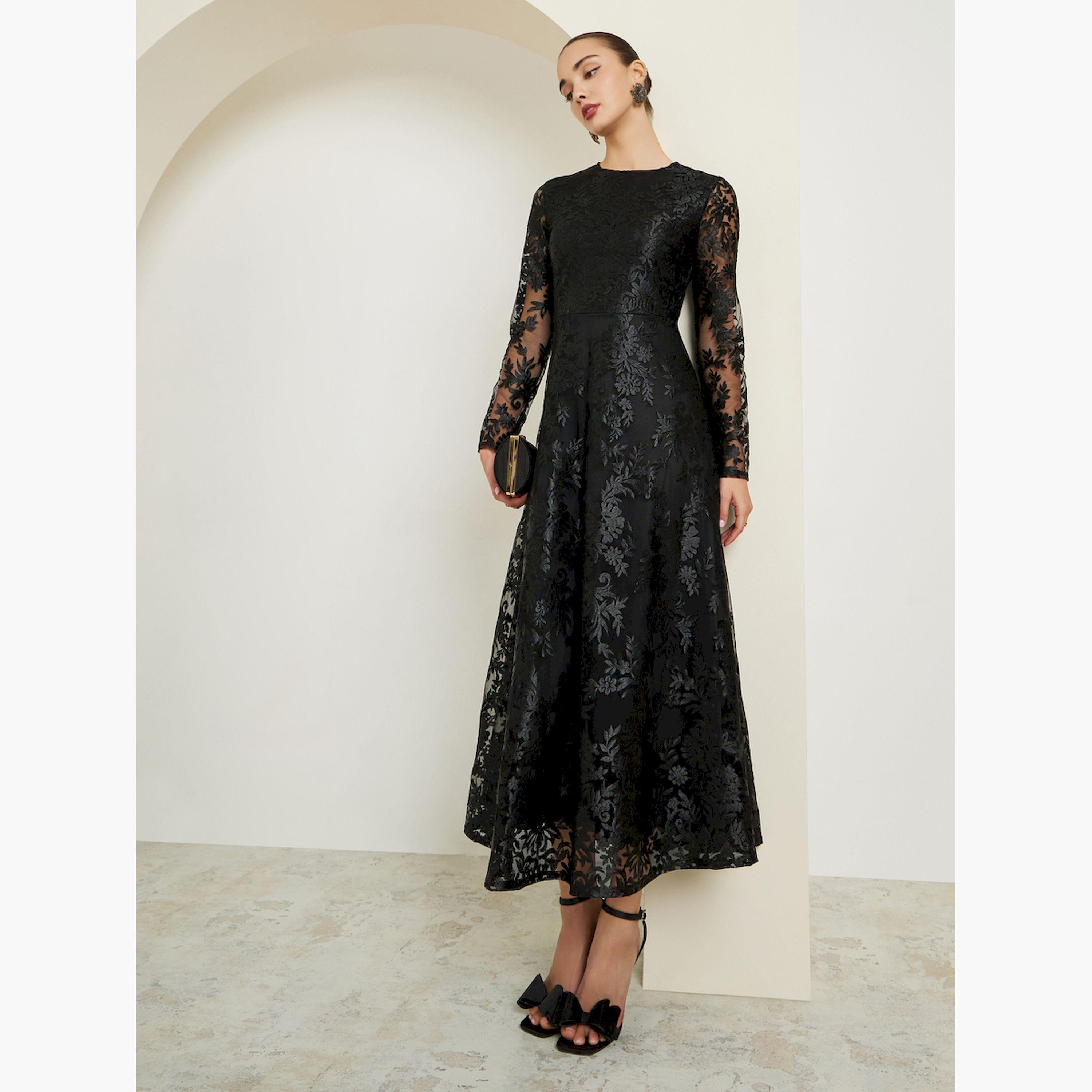 Styli All-Lace Textured Long Sleeve A-Line Maxi Dress-women-clothing-dresses-image-3