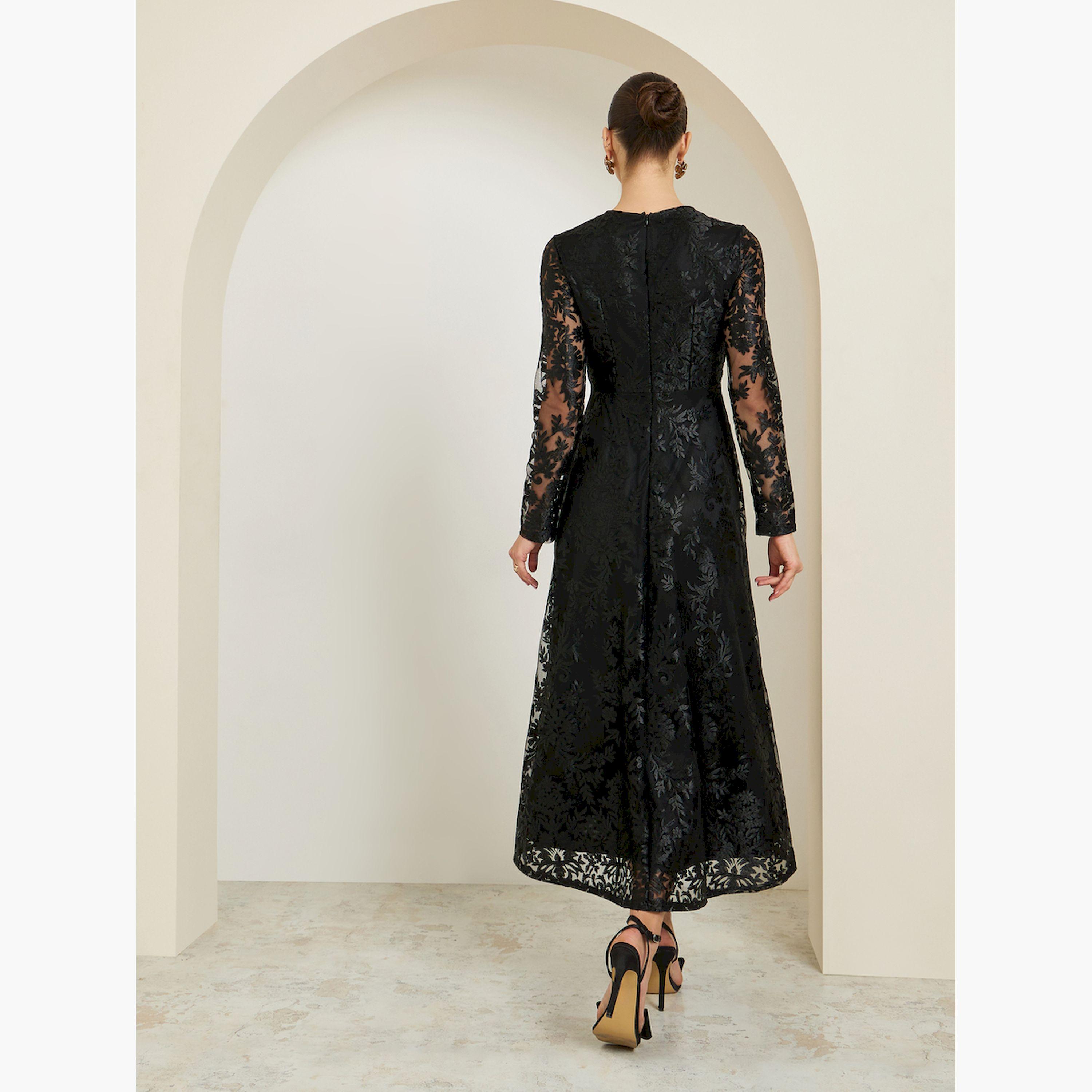 Styli All-Lace Textured Long Sleeve A-Line Maxi Dress-women-clothing-dresses-image-4
