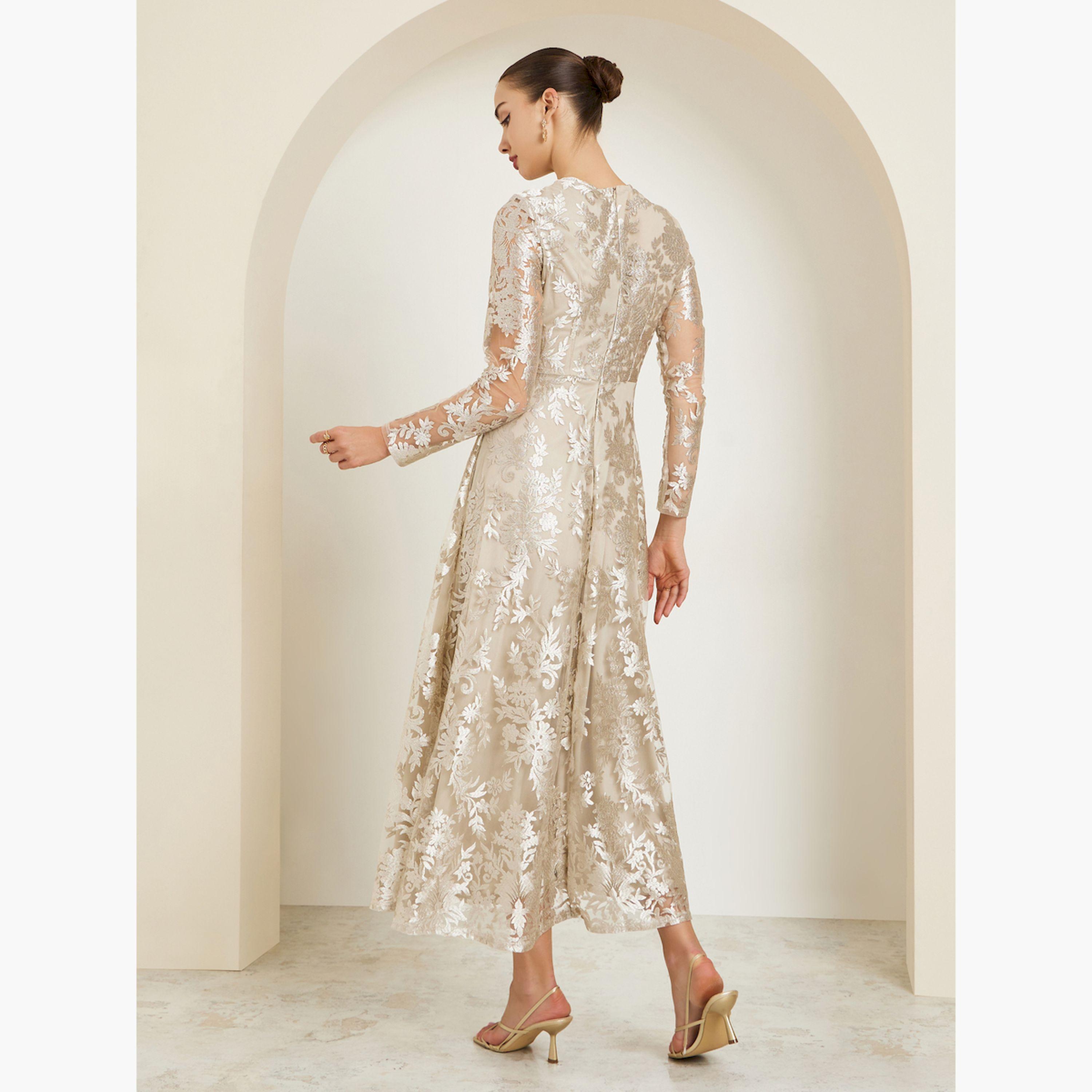 Styli All-Lace Textured Long Sleeve A-Line Maxi Dress-women-clothing-dresses-image-4
