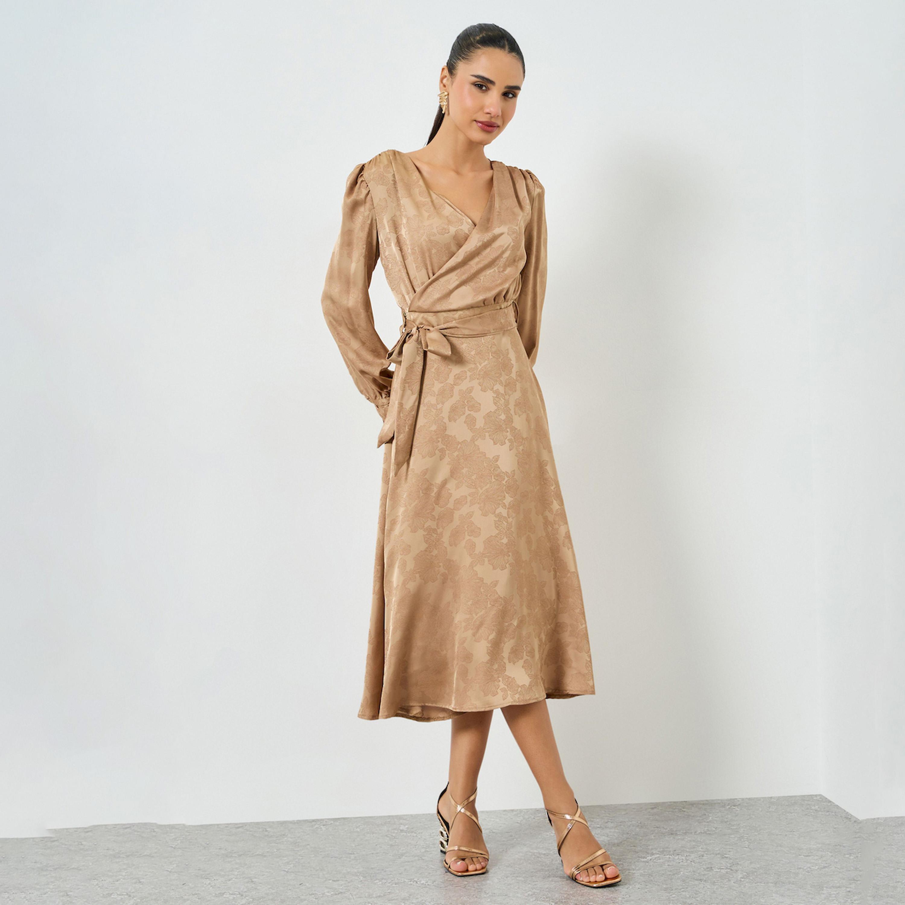فستان ميدي بنمط بنمط لف وتفاصيل جاكار-women-clothing-dresses-image-1
