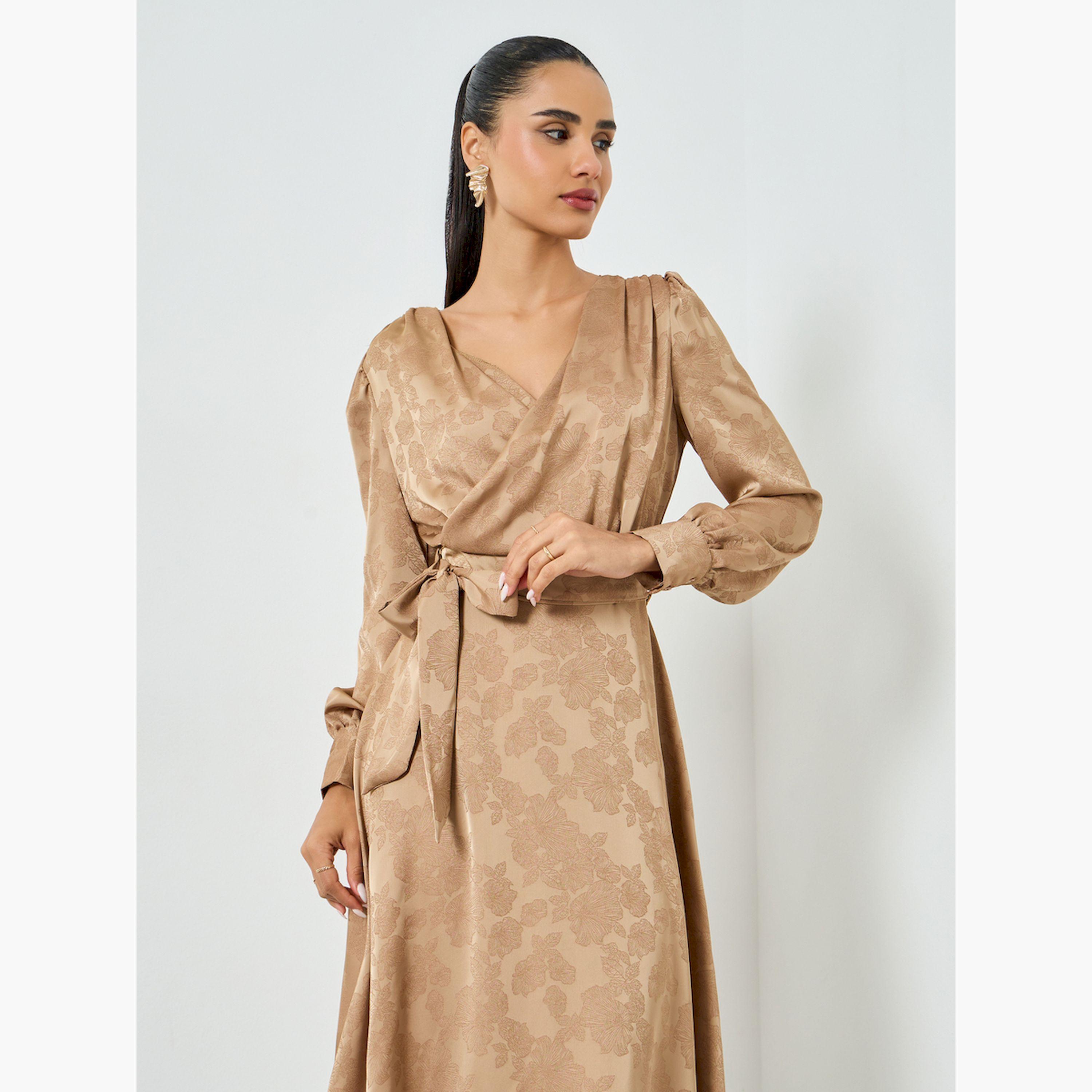 Styli Beige Jacquard Wrap Midi Dress-women-clothing-dresses-image-2