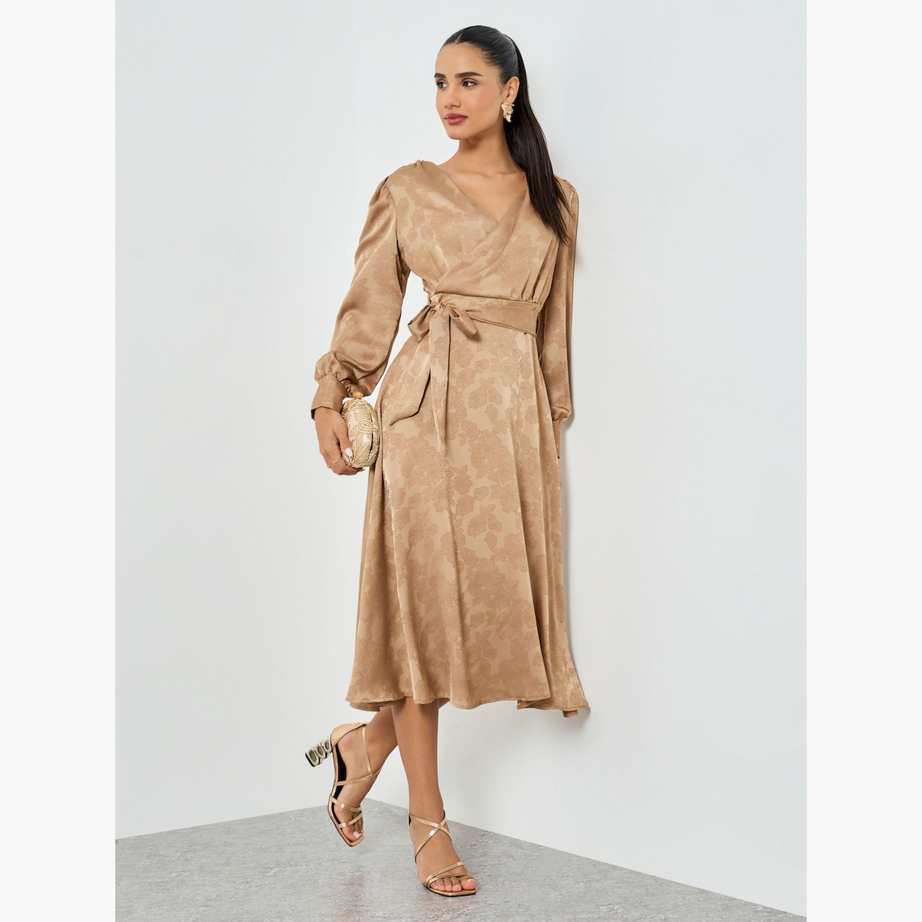 Styli Beige Jacquard Wrap Midi Dress-women-clothing-dresses-image-3