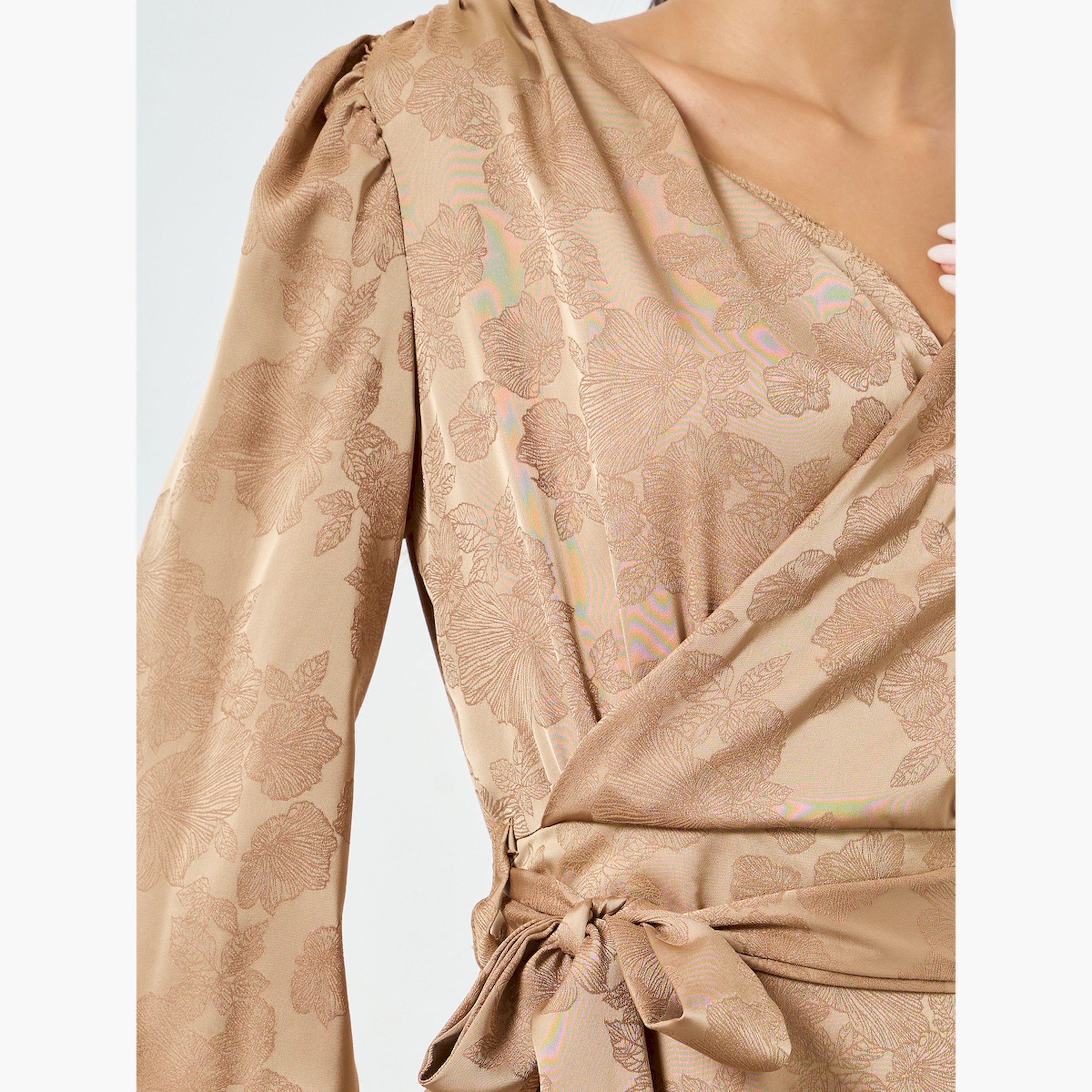 Styli Beige Jacquard Wrap Midi Dress-women-clothing-dresses-image-5
