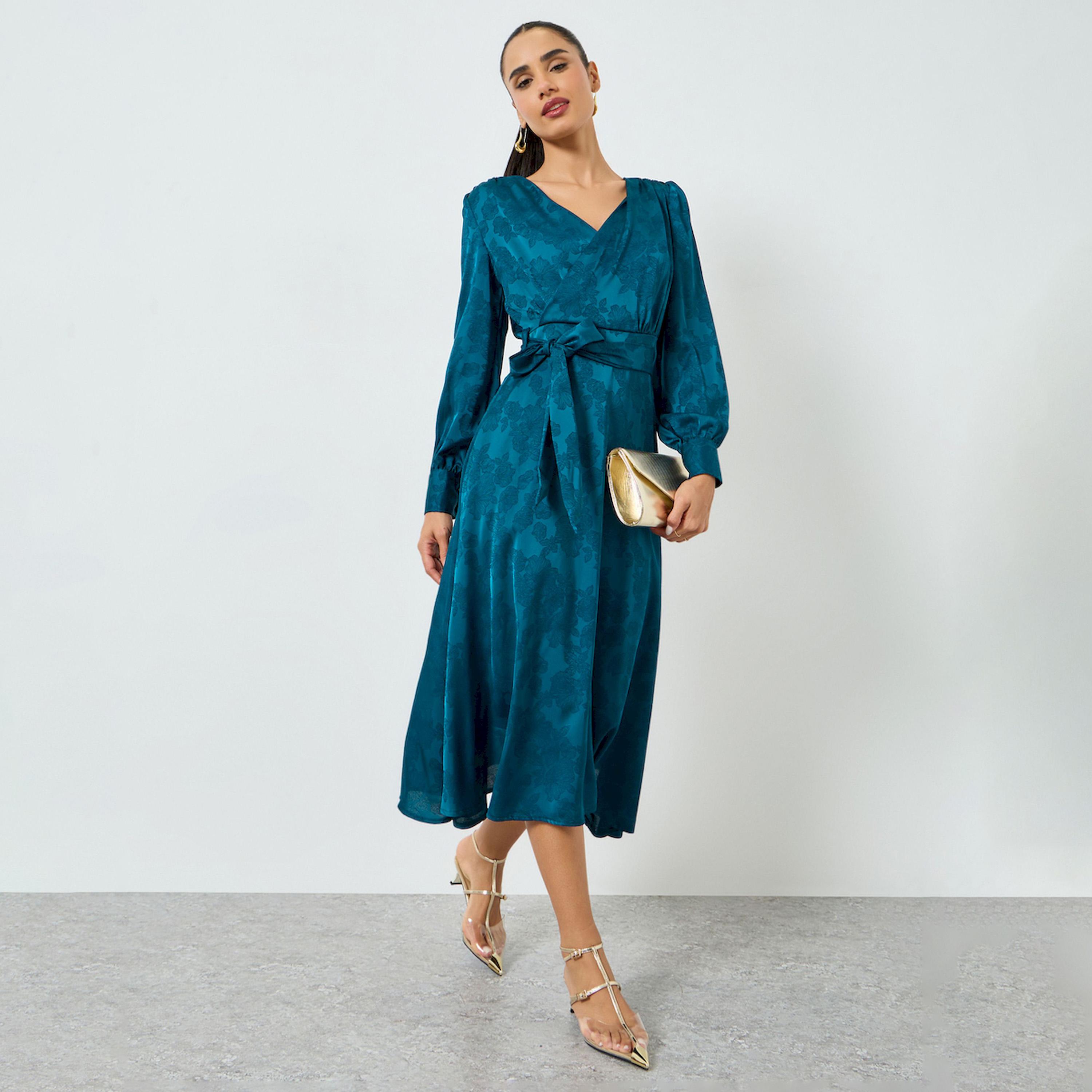 Styli Teal Jacquard Wrap Midi Dress-women-clothing-dresses-image-1