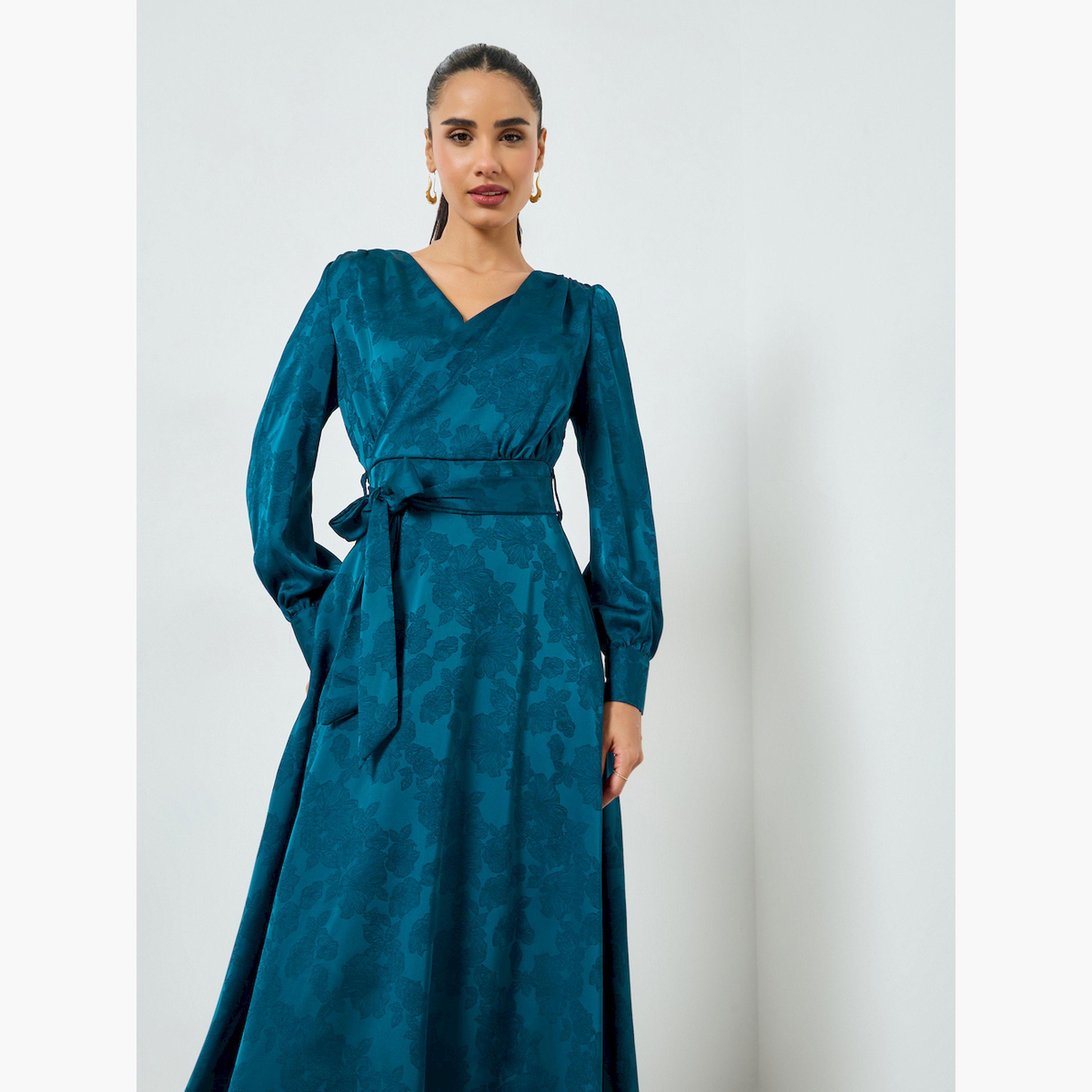 فستان ميدي بنمط بنمط لف وتفاصيل جاكار-women-clothing-dresses-image-2