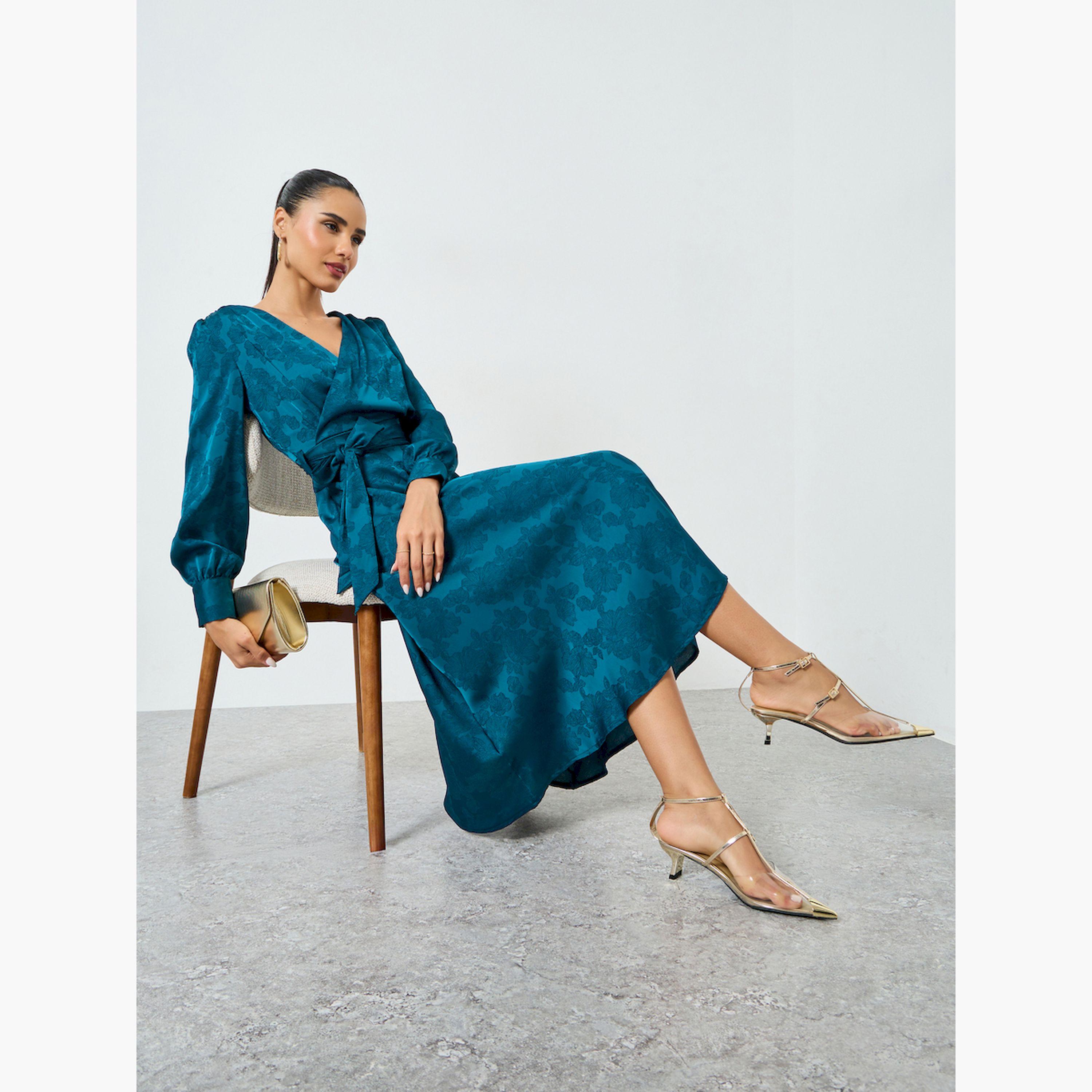 Styli Teal Jacquard Wrap Midi Dress-women-clothing-dresses-image-3