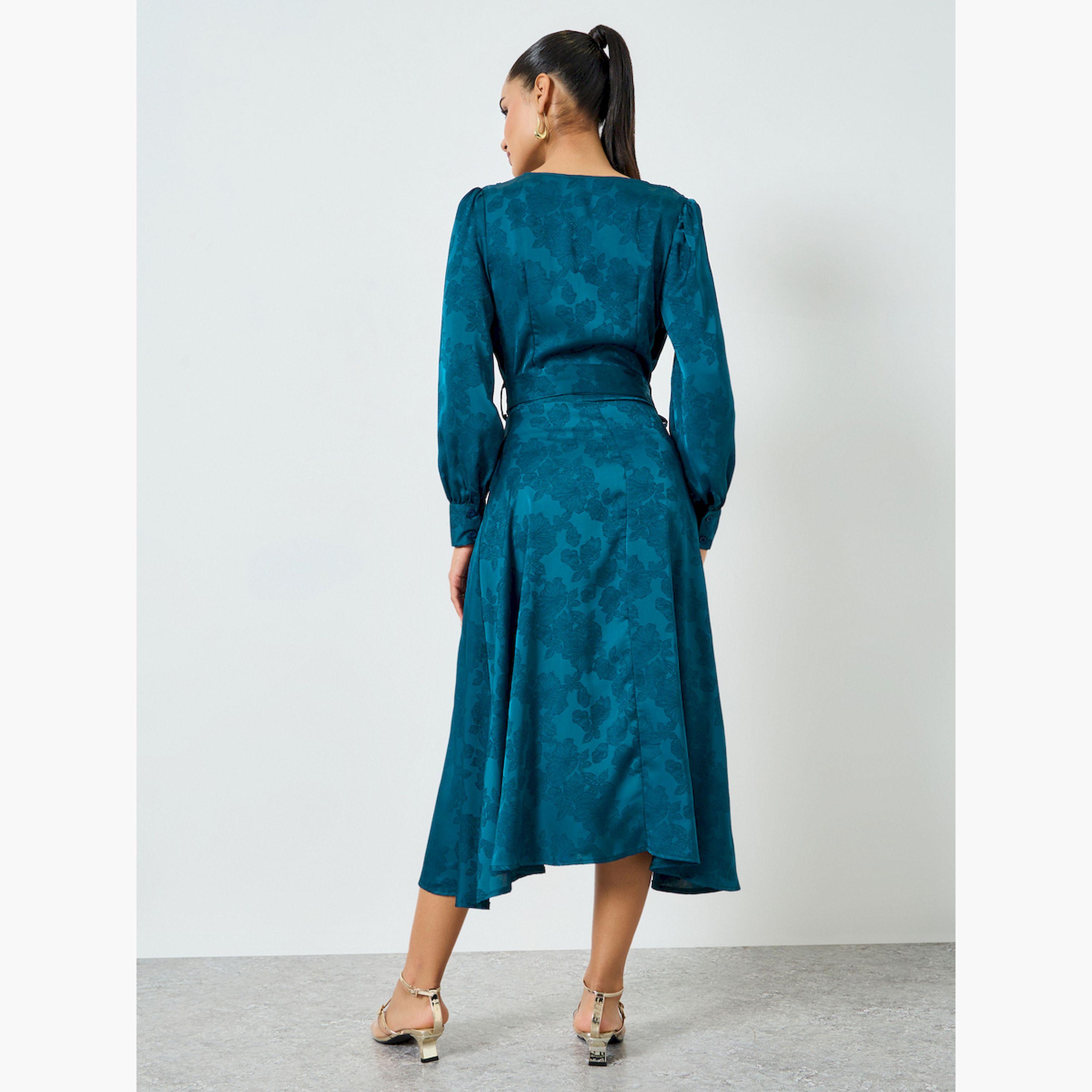 Styli Teal Jacquard Wrap Midi Dress-women-clothing-dresses-image-4