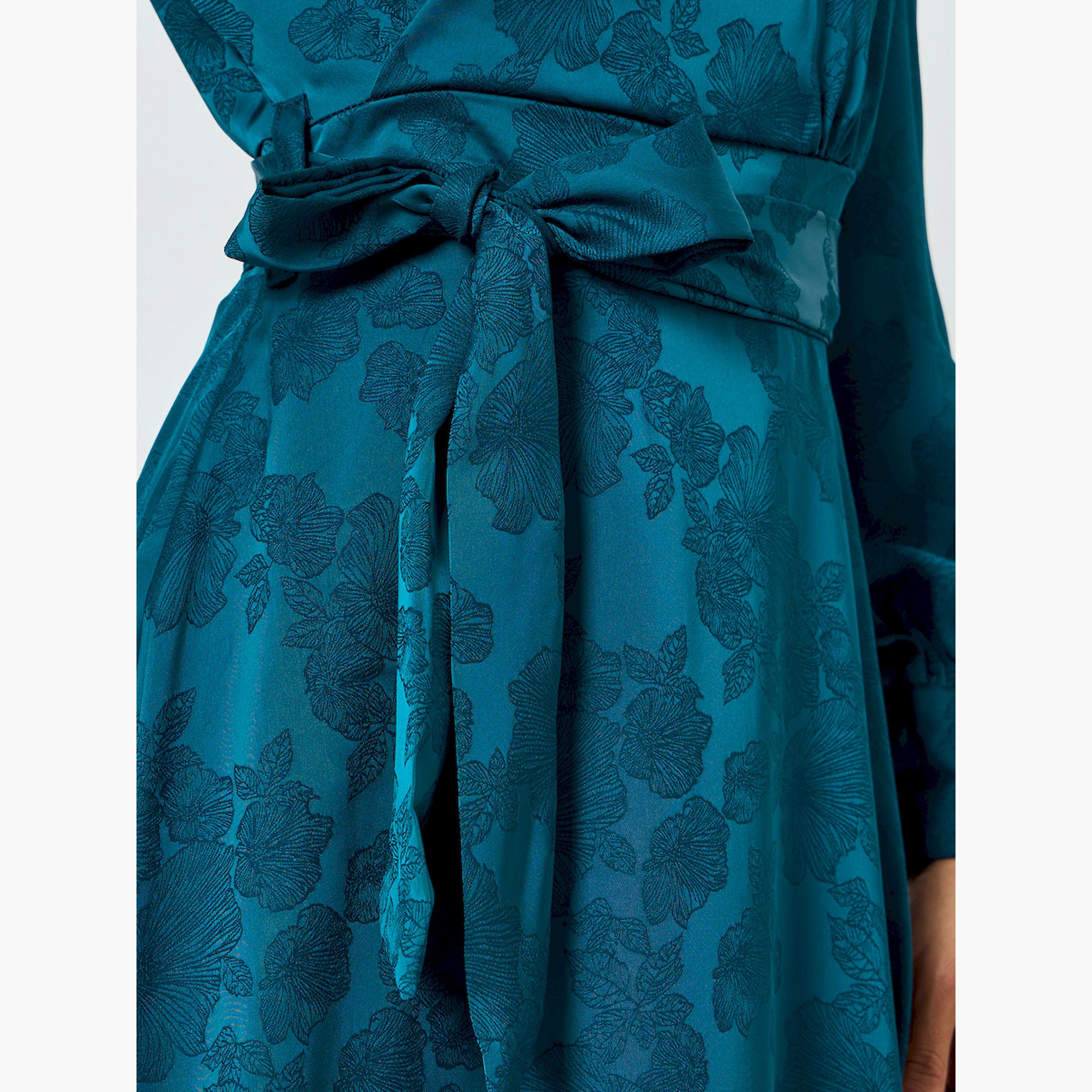 Styli Teal Jacquard Wrap Midi Dress-women-clothing-dresses-image-5
