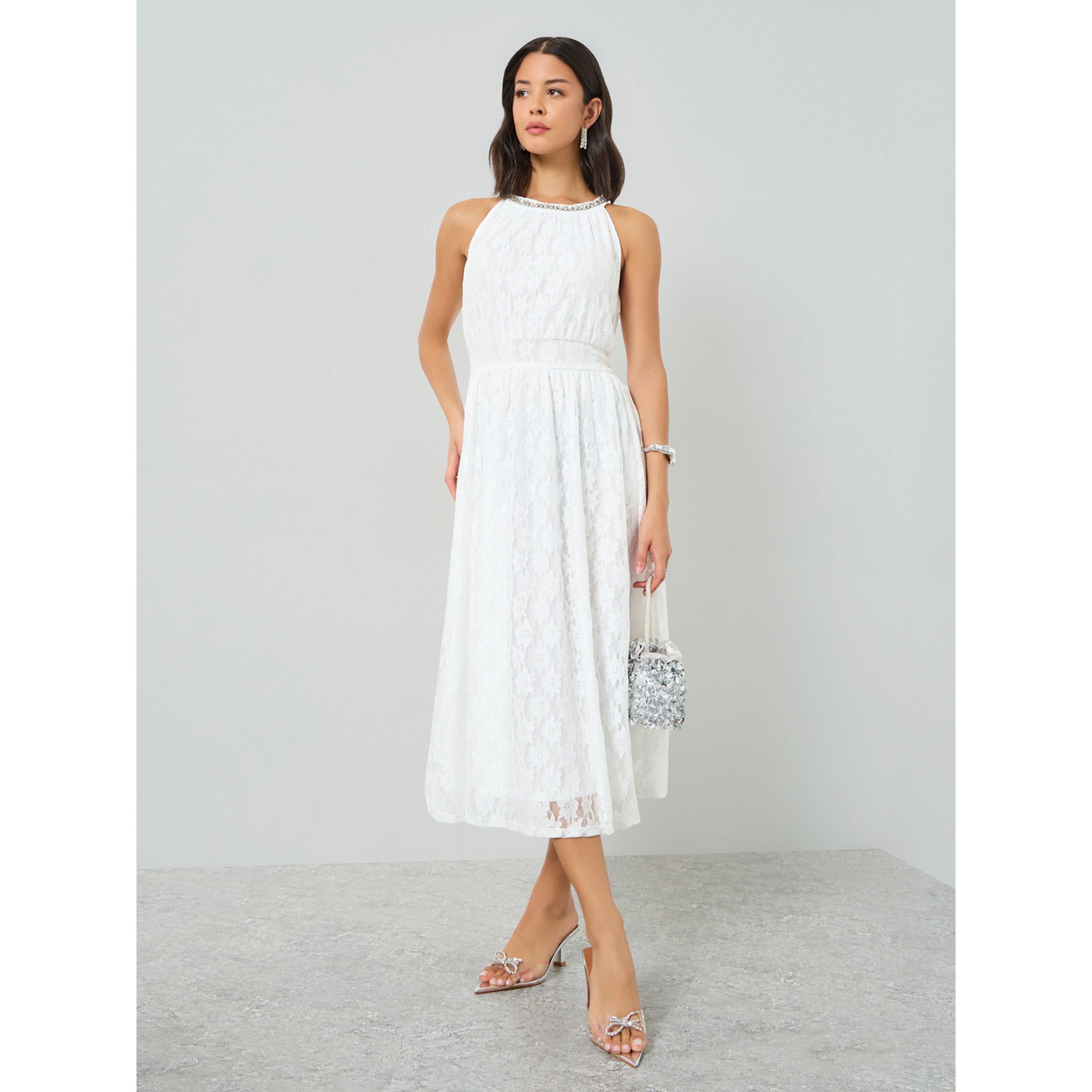 Styli White Lace Midi Dress with Embellishement-women-clothing-dresses-image-1