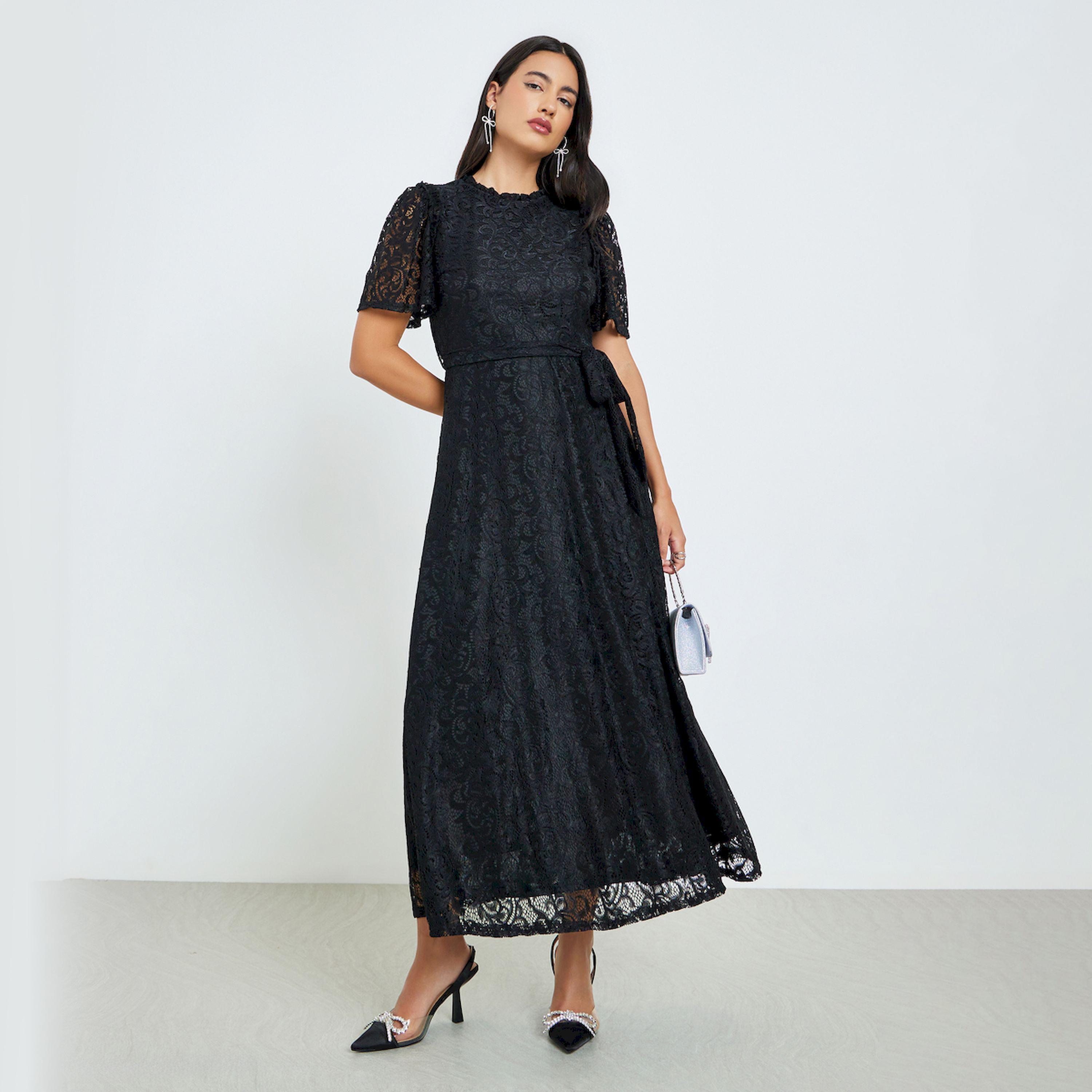 Styli Black Lace Short Sleeves A-Line Maxi Dress-women-clothing-dresses-image-1