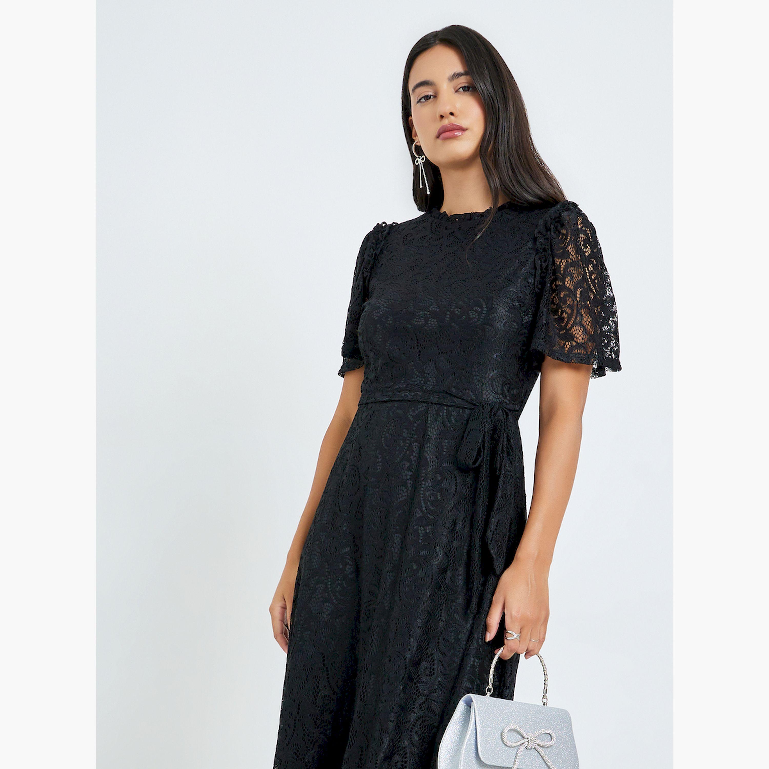 فستان ماكسي دانتيل بحافة واسعة وأكمام قصيرة-women-clothing-dresses-image-2