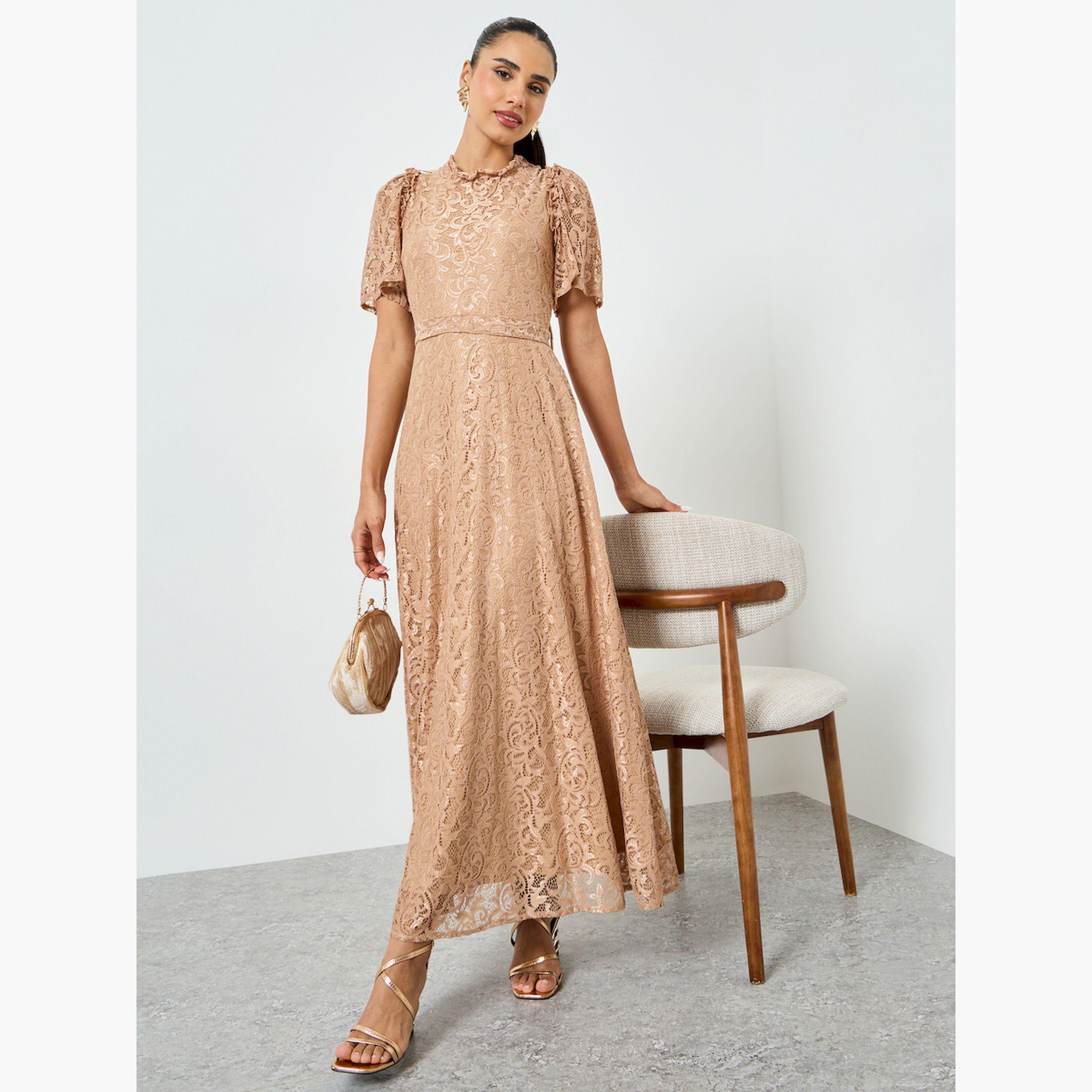 Styli Beige Lace Short Sleeve A-Line Maxi Dress-women-clothing-dresses-image-1