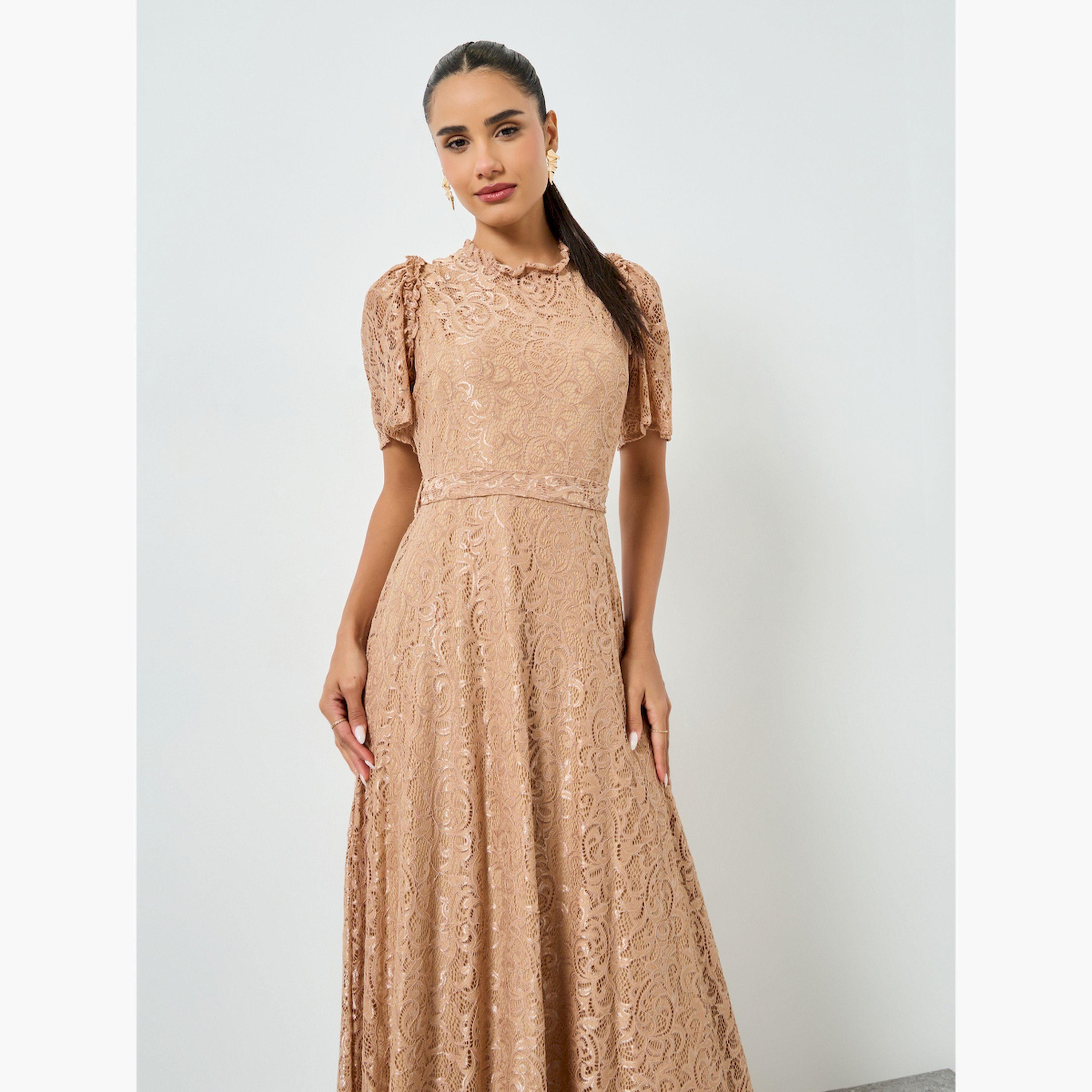 فستان طويل بحافة واسعة ودانتيل مع أكمام قصيرة-women-clothing-dresses-image-2