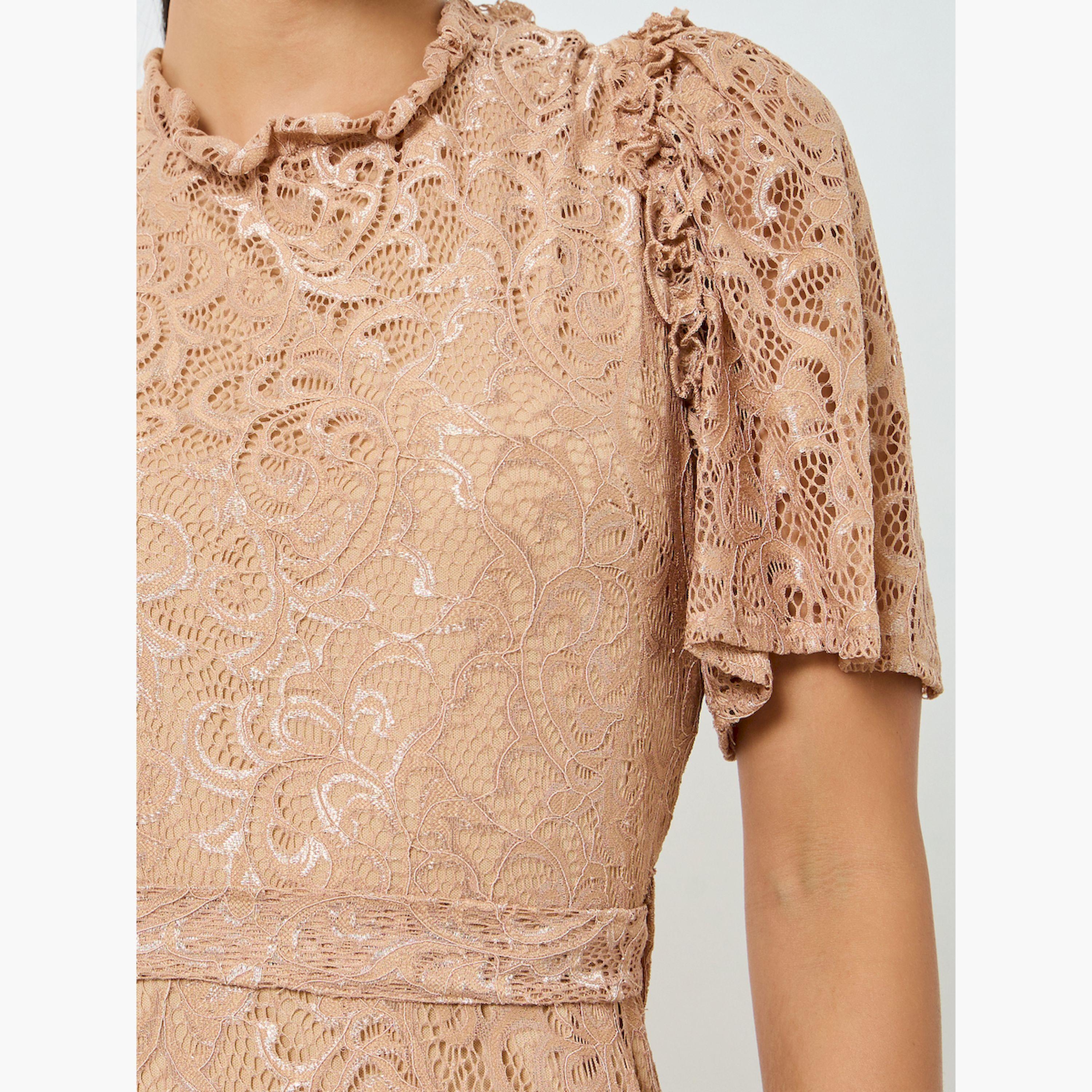 فستان طويل بحافة واسعة ودانتيل مع أكمام قصيرة-women-clothing-dresses-image-5