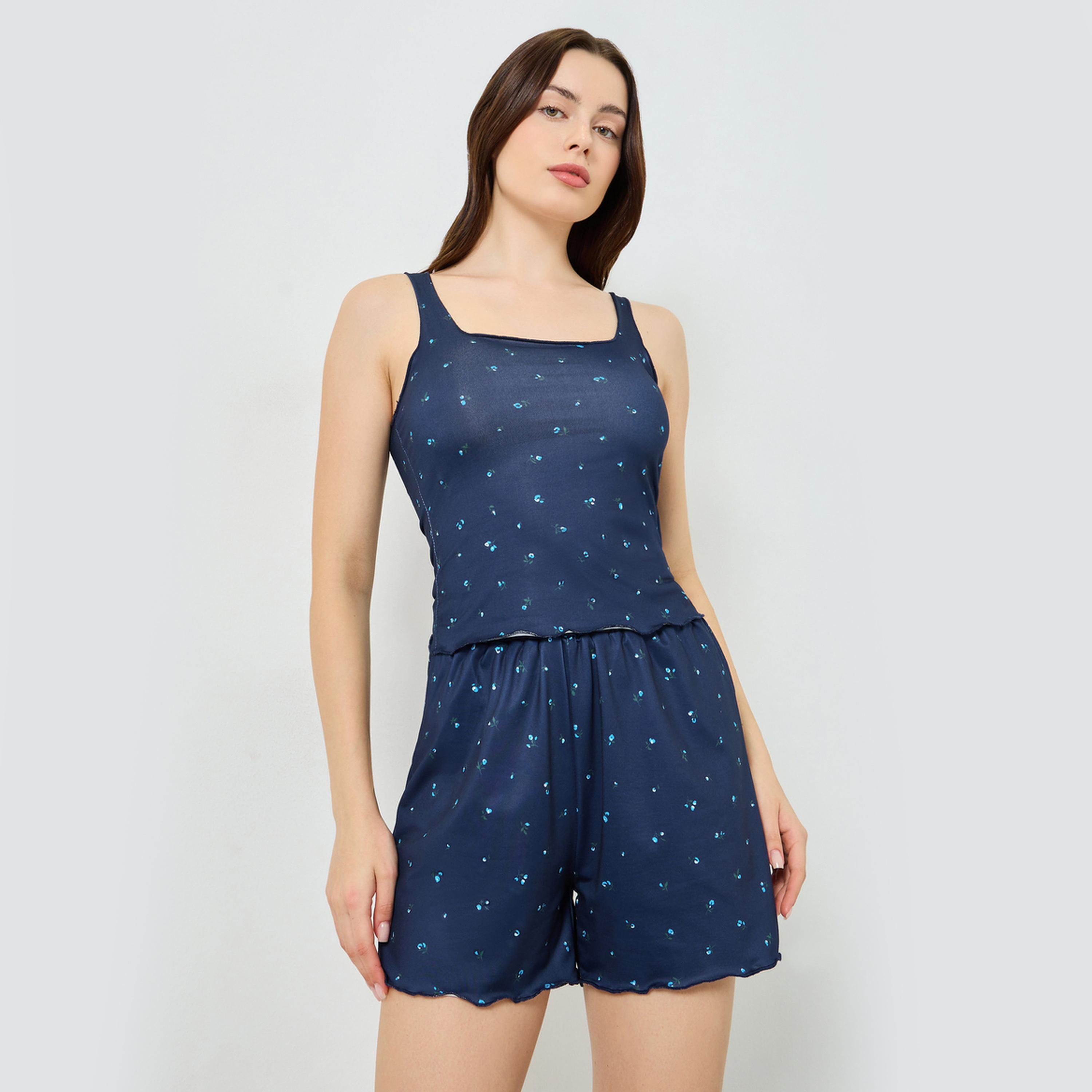 طقم من تيشيرت بلا أكمام بياقة مربعة وحافة كشكش وشورت بنقشة زهور-women-clothing-nightwear-pyjamas-shortsets-image-6