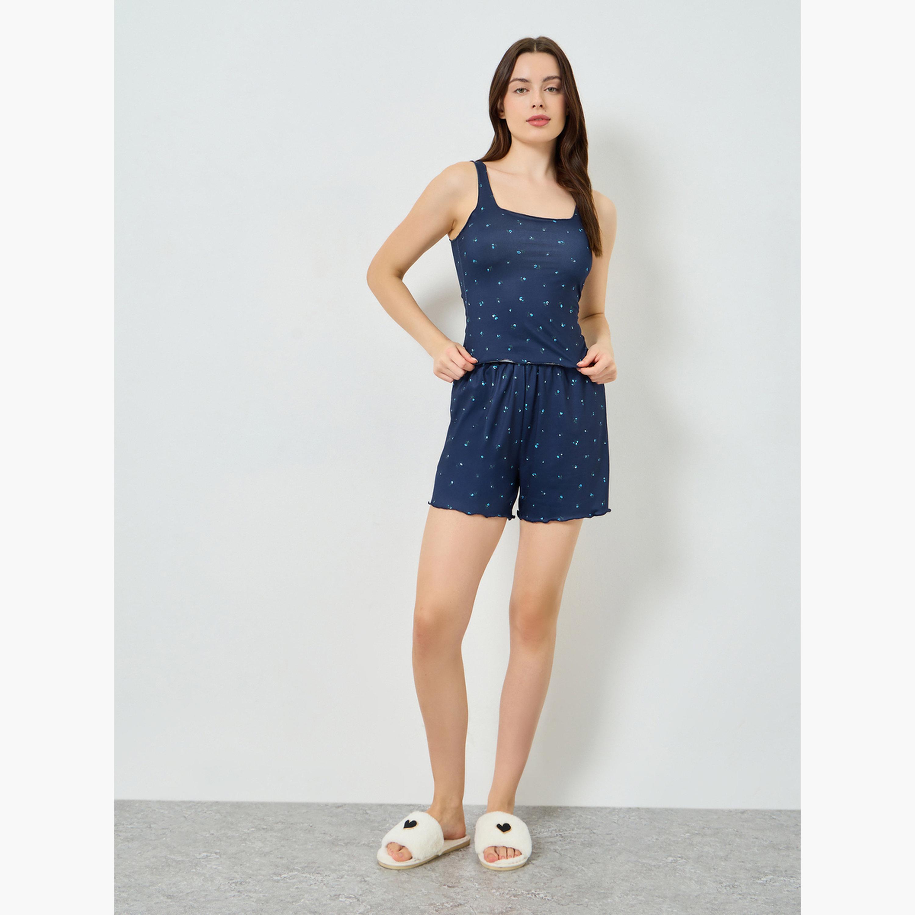طقم من تيشيرت بلا أكمام بياقة مربعة وحافة كشكش وشورت بنقشة زهور-women-clothing-nightwear-pyjamas-shortsets-image-5