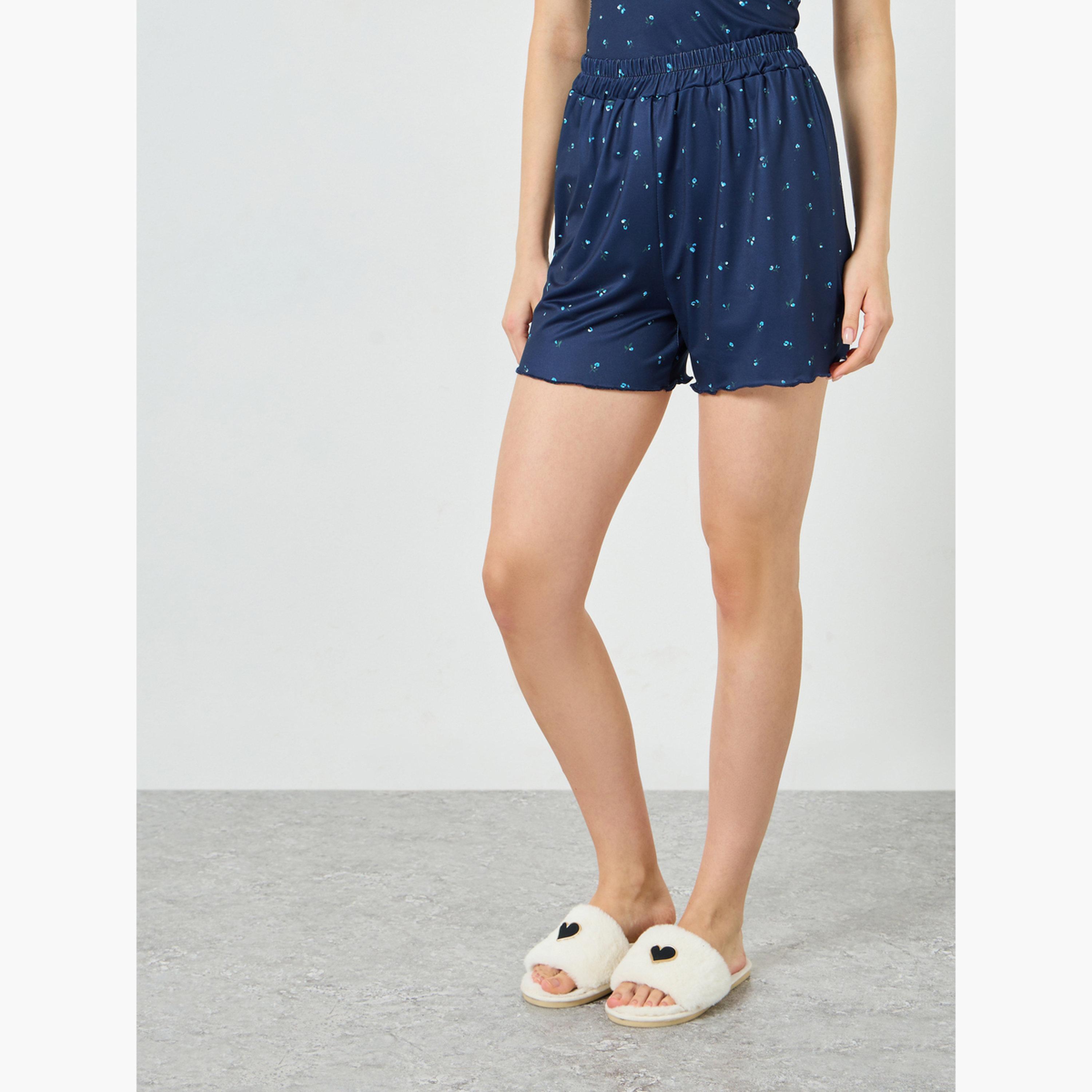 طقم من تيشيرت بلا أكمام بياقة مربعة وحافة كشكش وشورت بنقشة زهور-women-clothing-nightwear-pyjamas-shortsets-image-2