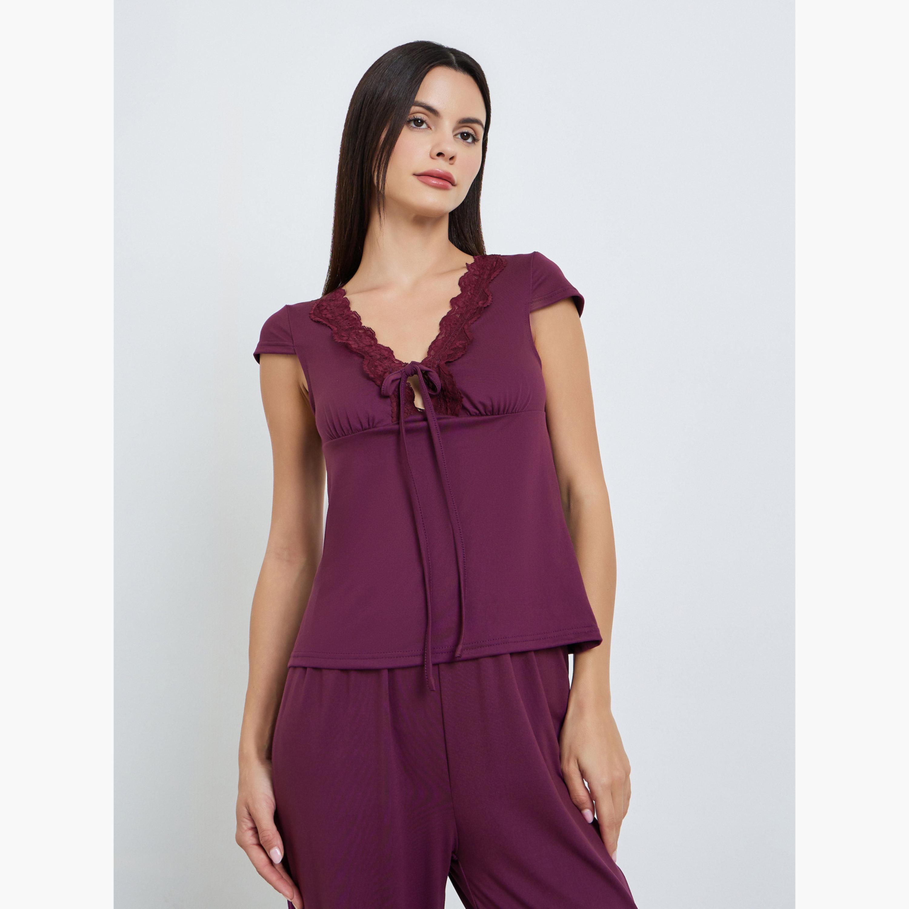 Styli Women Burgundy Lace Trim Top and Pyjama Set-women-clothing-nightwear-pyjamas-longsets-image-2