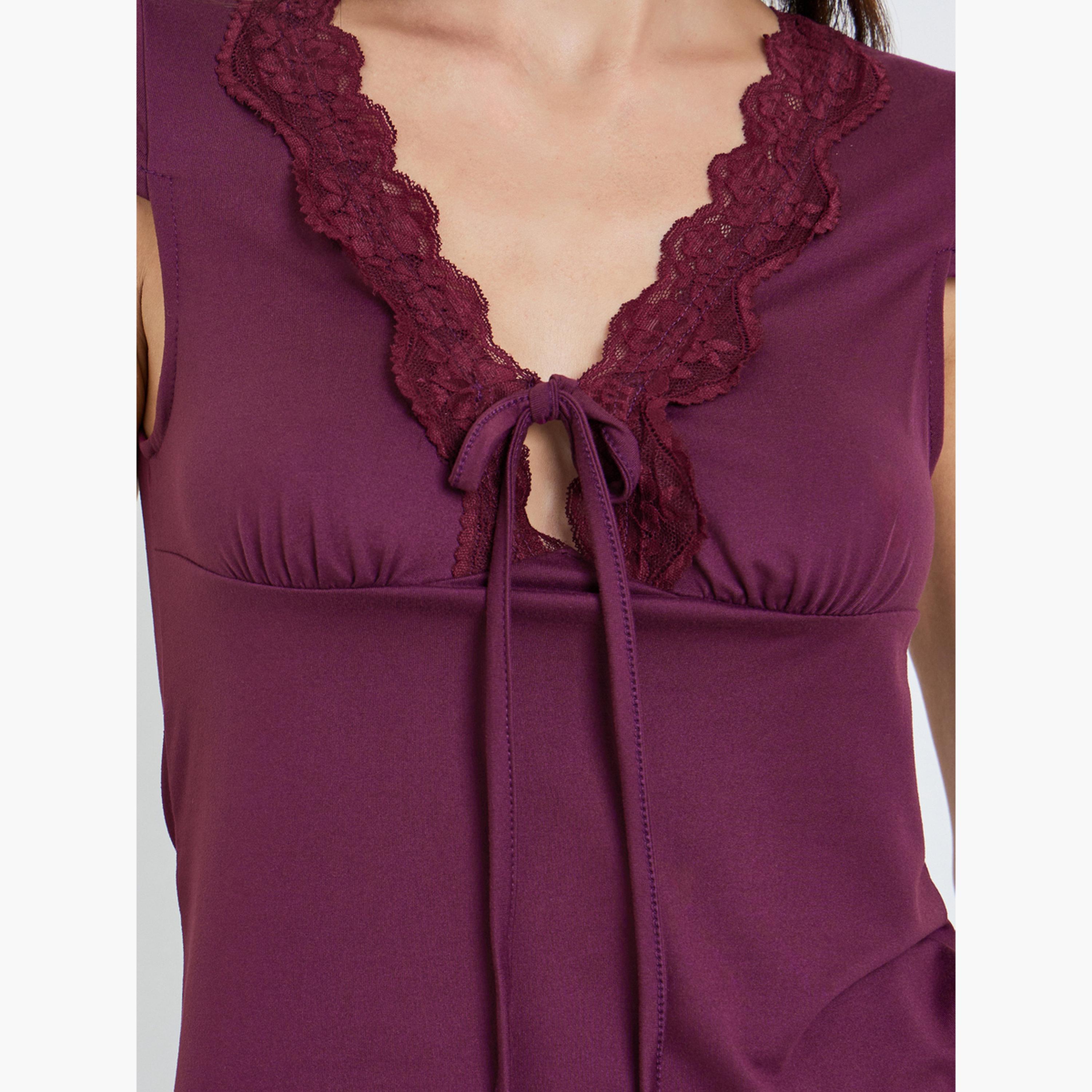 Styli Women Burgundy Lace Trim Top and Pyjama Set-women-clothing-nightwear-pyjamas-longsets-image-3