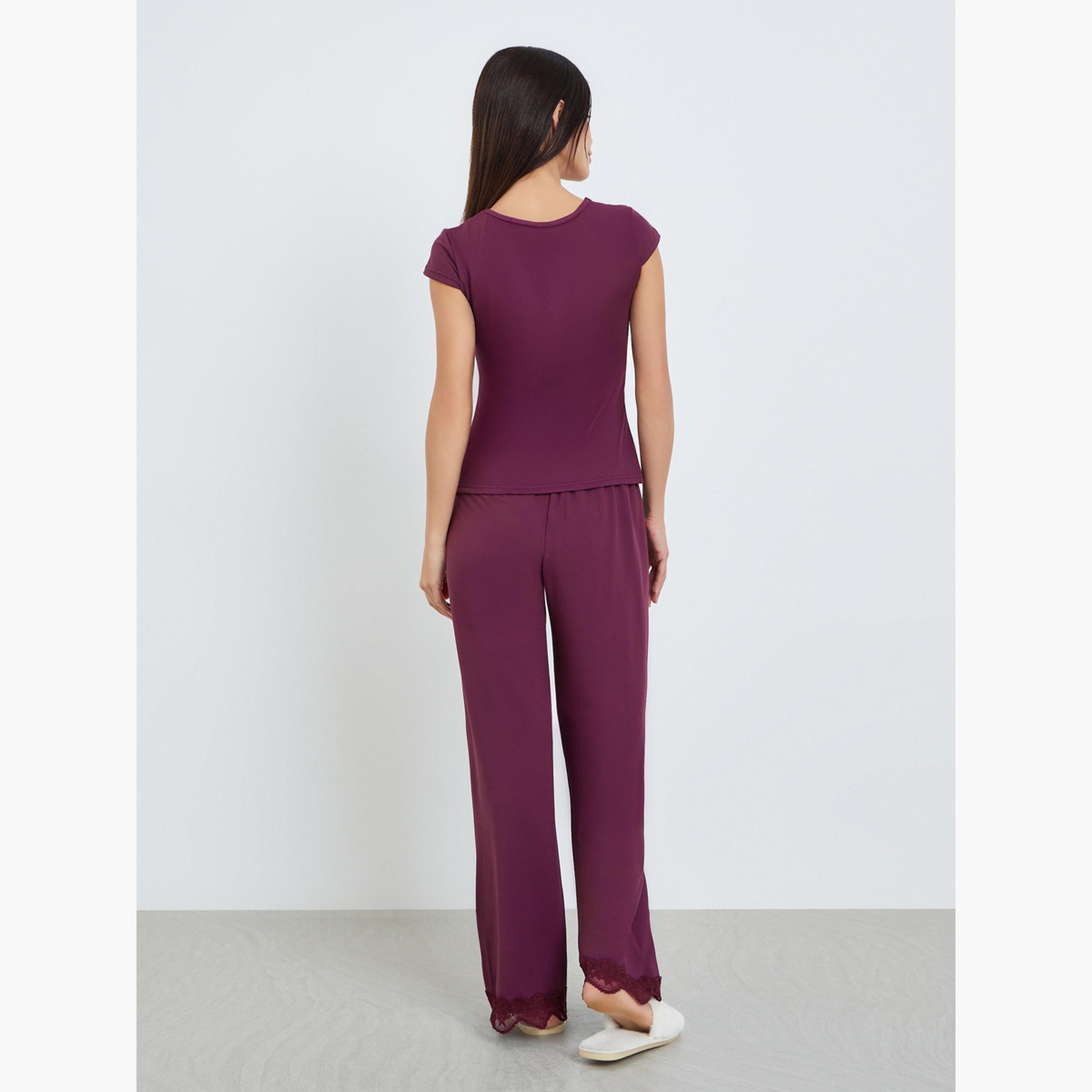 Styli Women Burgundy Lace Trim Top and Pyjama Set-women-clothing-nightwear-pyjamas-longsets-image-5
