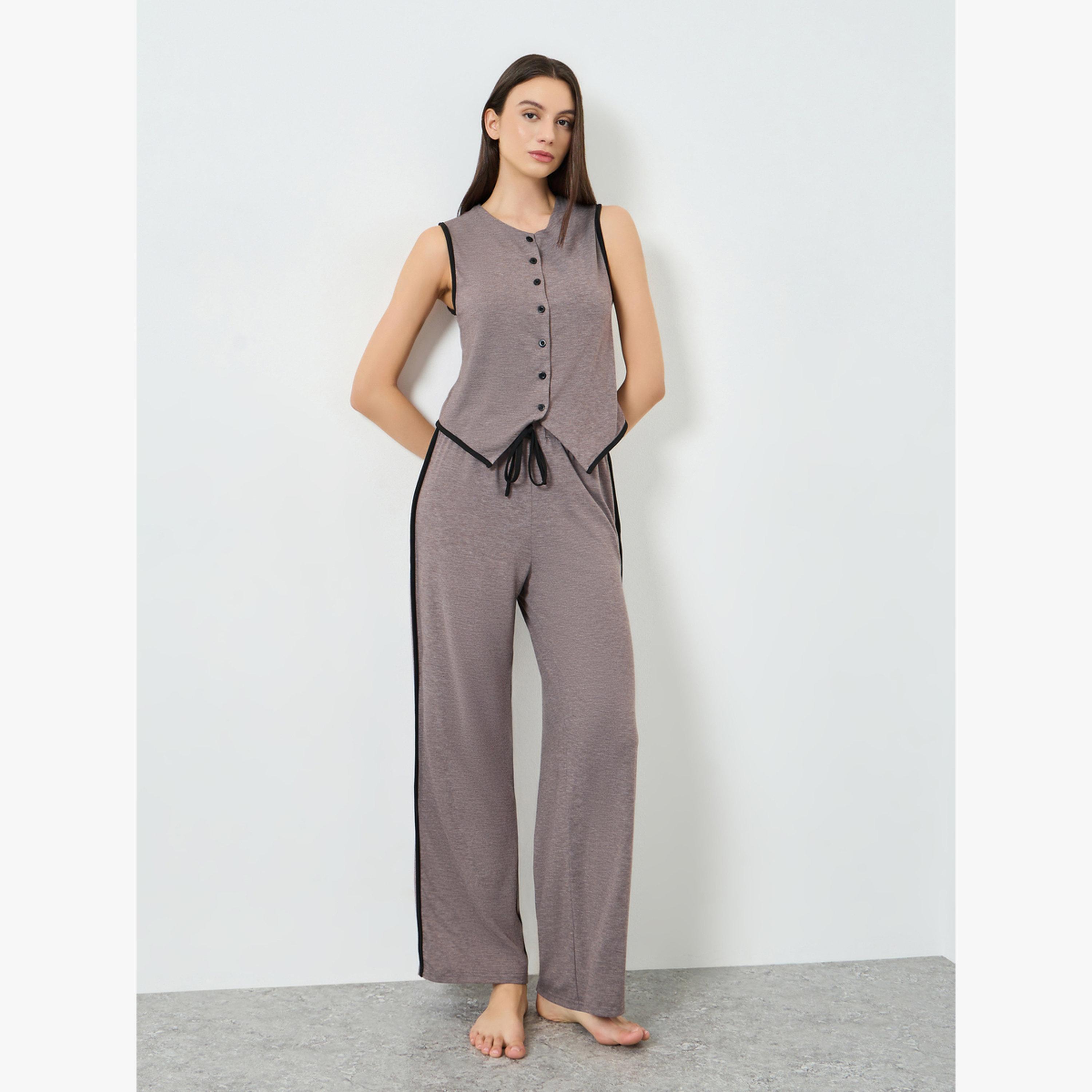 Styli Piped Button Through Waistcoat and Side Stripe Pyjama Set-women-clothing-nightwear-pyjamas-longsets-image-1