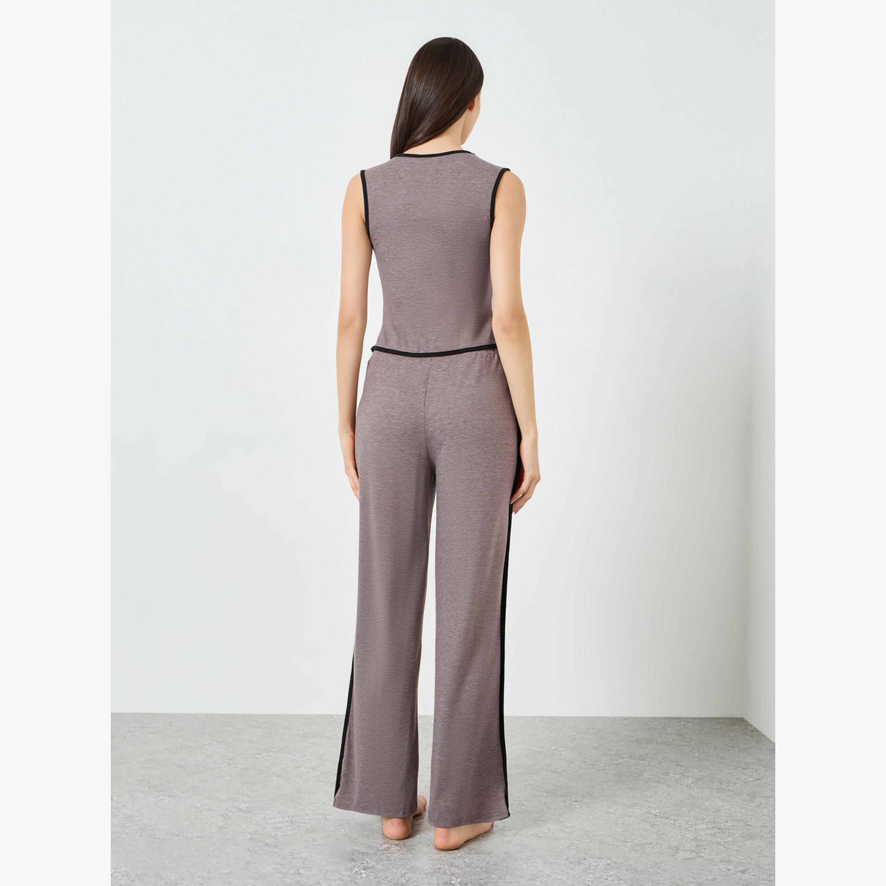 Styli Piped Button Through Waistcoat and Side Stripe Pyjama Set-women-clothing-nightwear-pyjamas-longsets-image-3