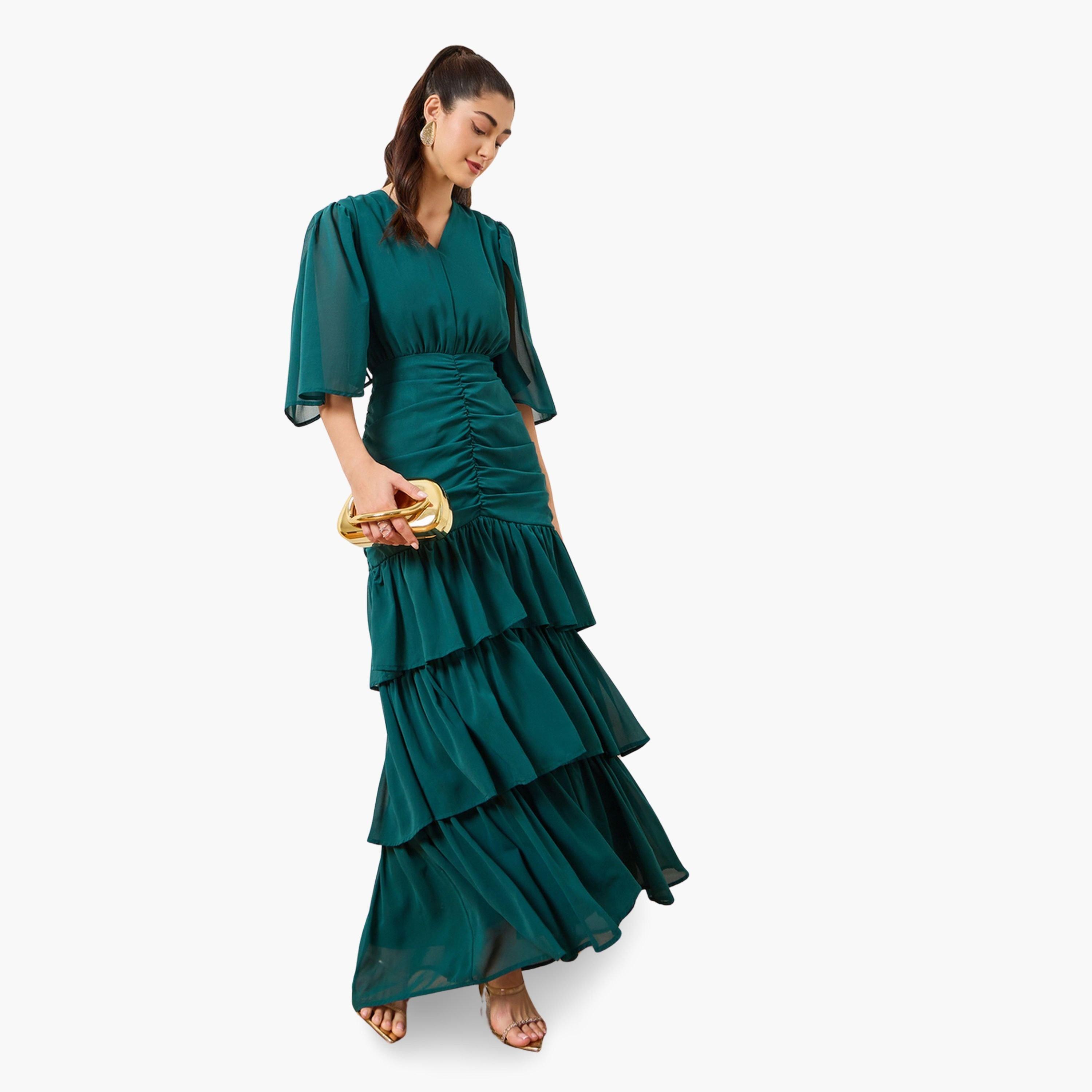 فستان طويل طبقات مزموم لون-women-clothing-dresses-image-1
