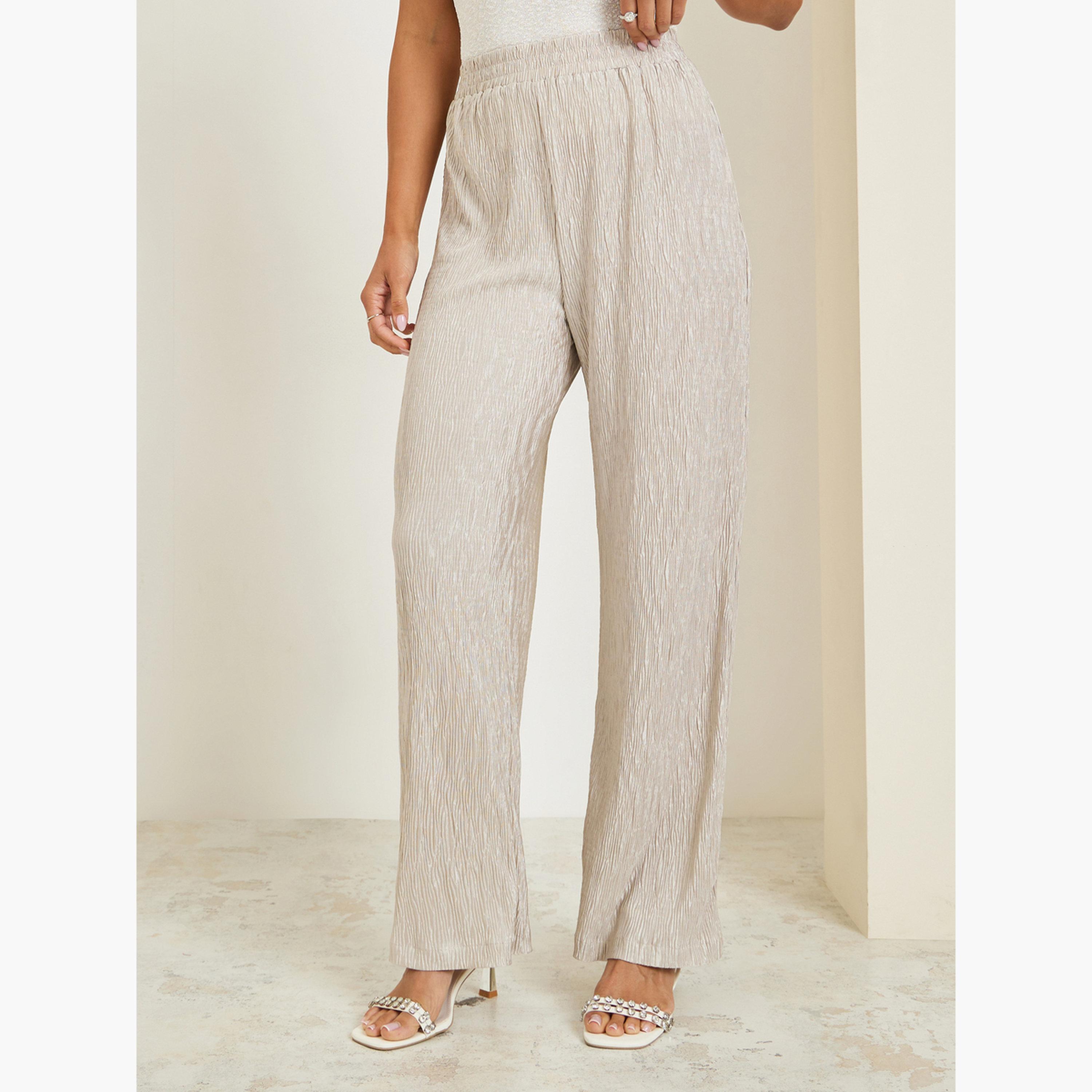 Styli Women Cream Textured Wide Leg Trousers-women-clothing-bottoms-trousers-image-1