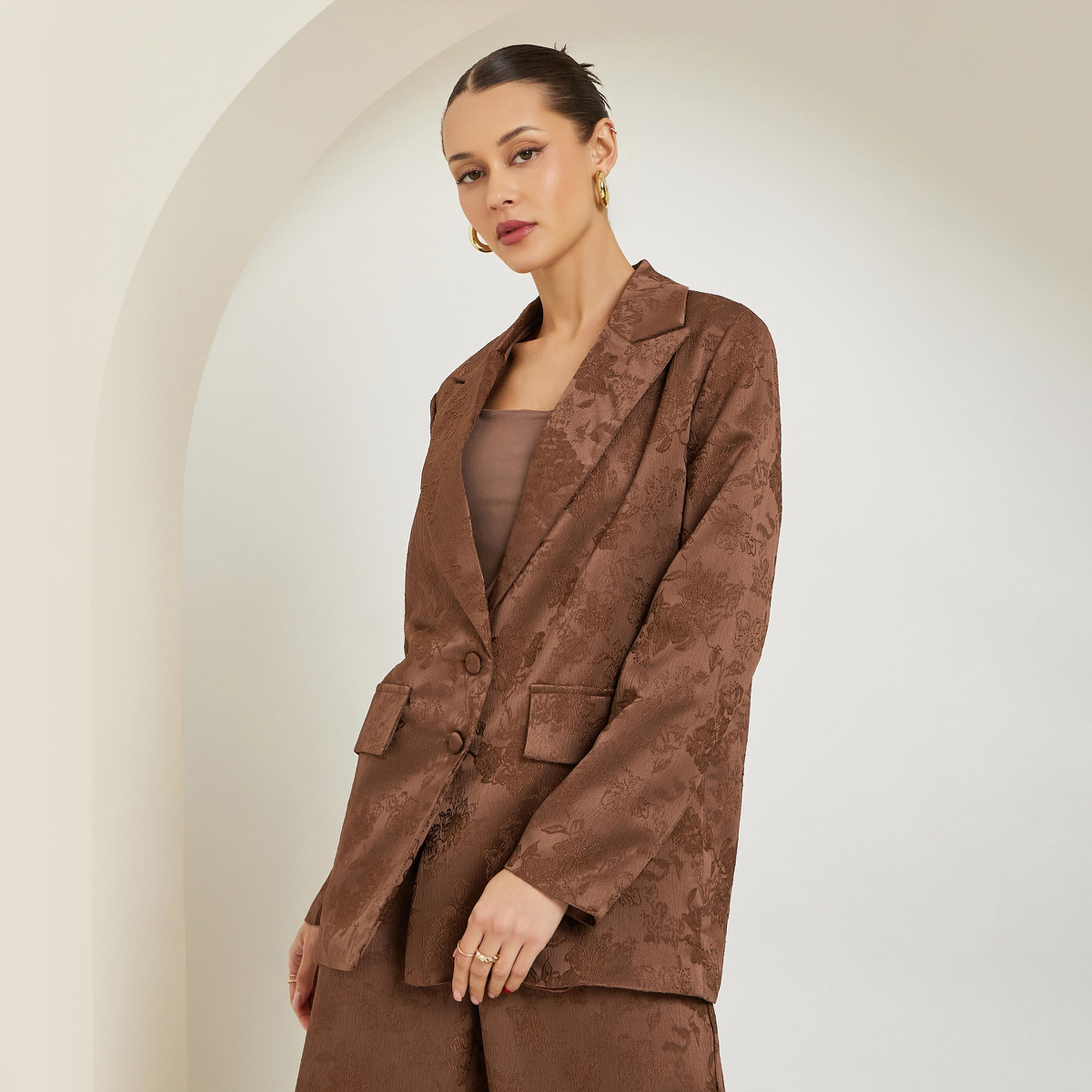 Styli Brown Regular Fit Jacquard Satin Blazer-women-clothing-coatsandjackets-blazers-image-1