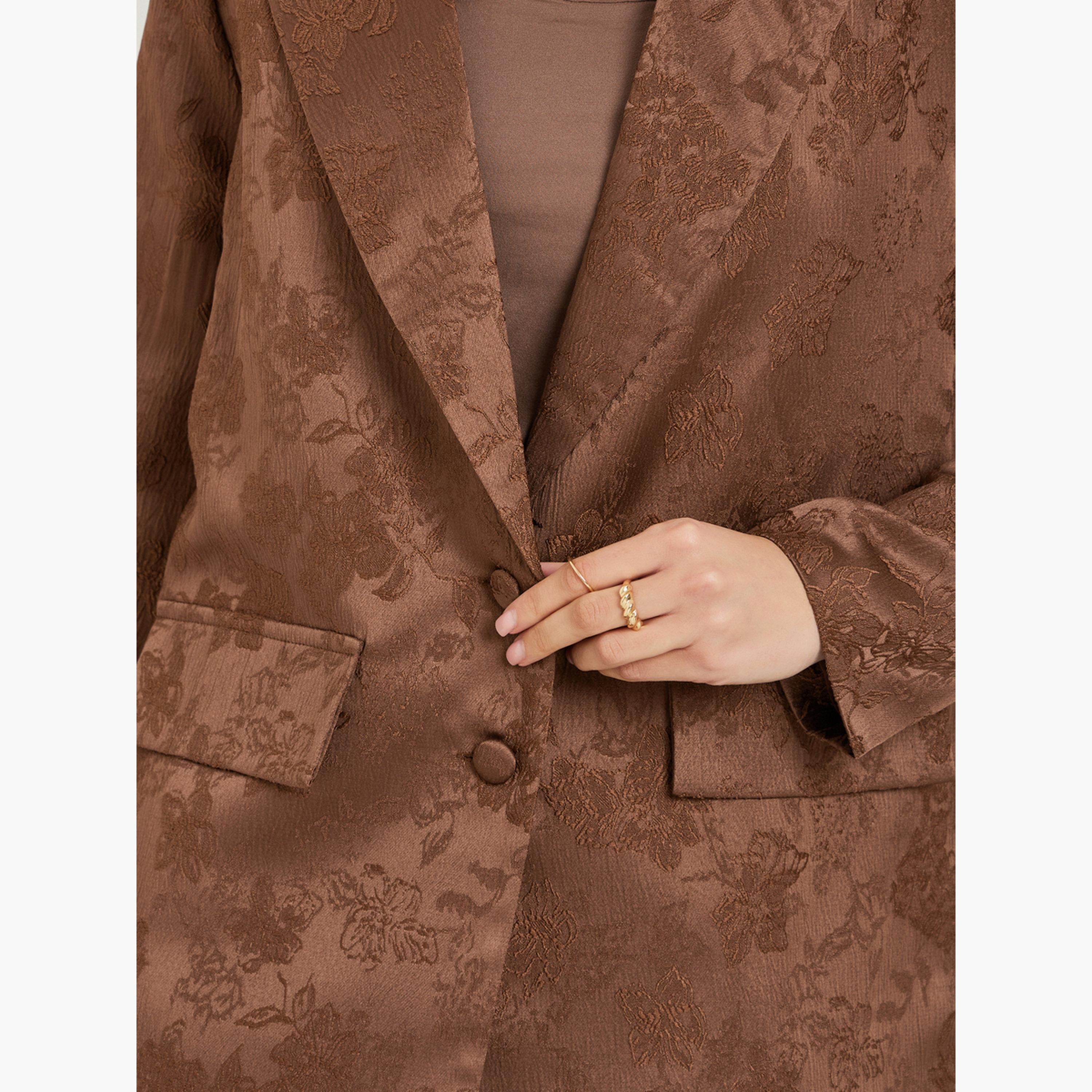 Styli Brown Regular Fit Jacquard Satin Blazer-women-clothing-coatsandjackets-blazers-image-4
