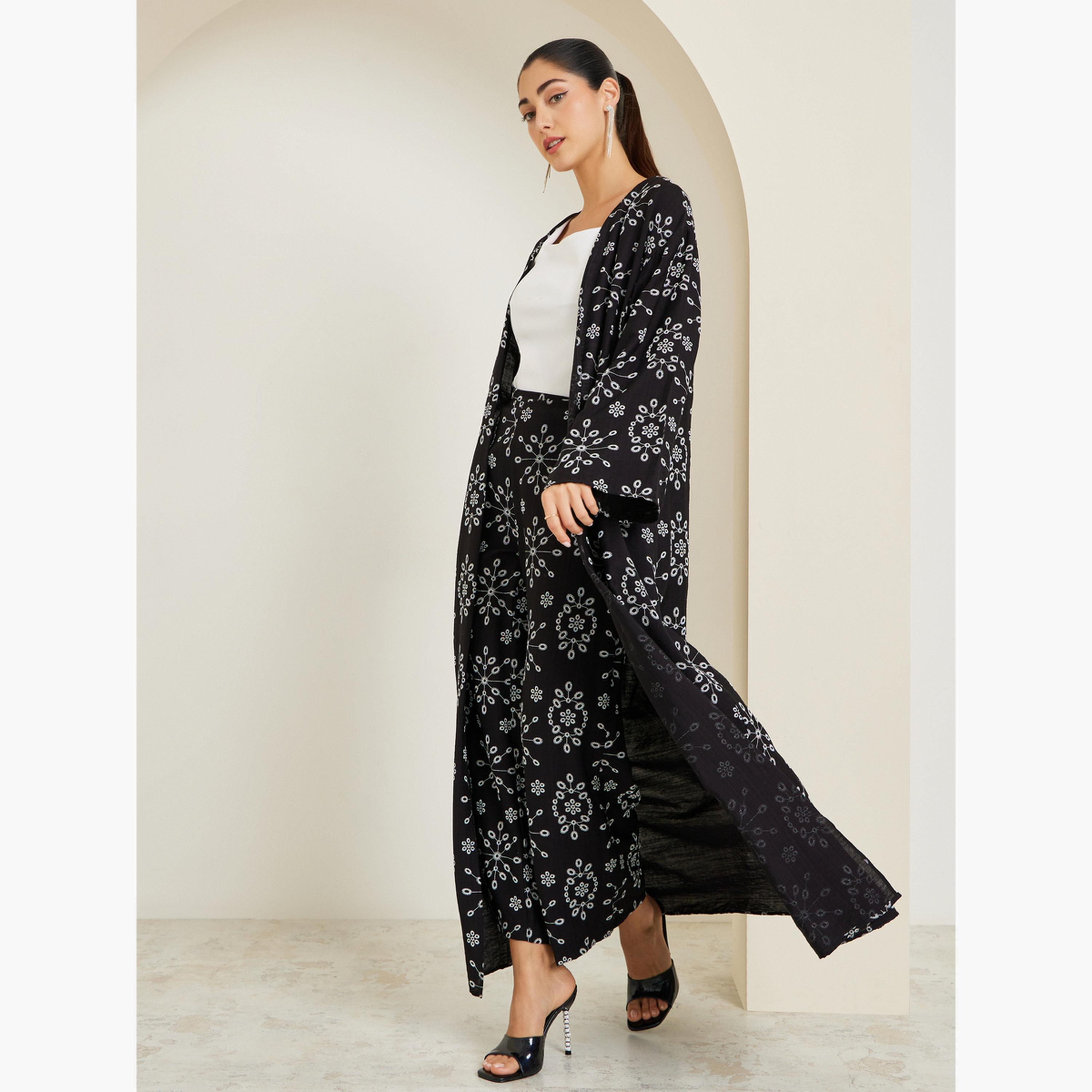 ستايلي - طقم كيمونو مطبوع وبنطال واسع الساقين لون أسود-women-clothing-coordsets-image-2