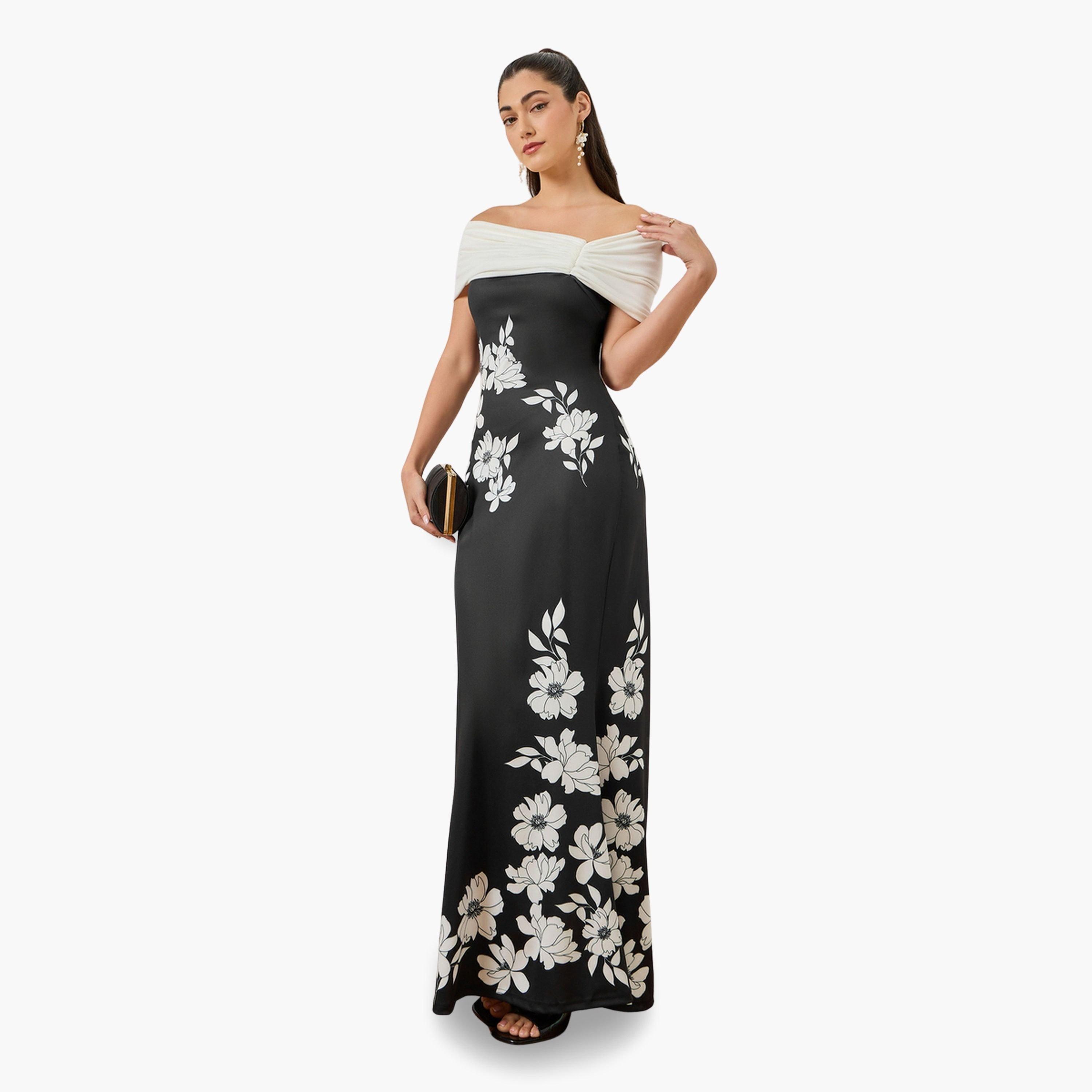 Styli Women Black Floral Print Off-Shoulder Maxi Dress-women-clothing-dresses-image-1