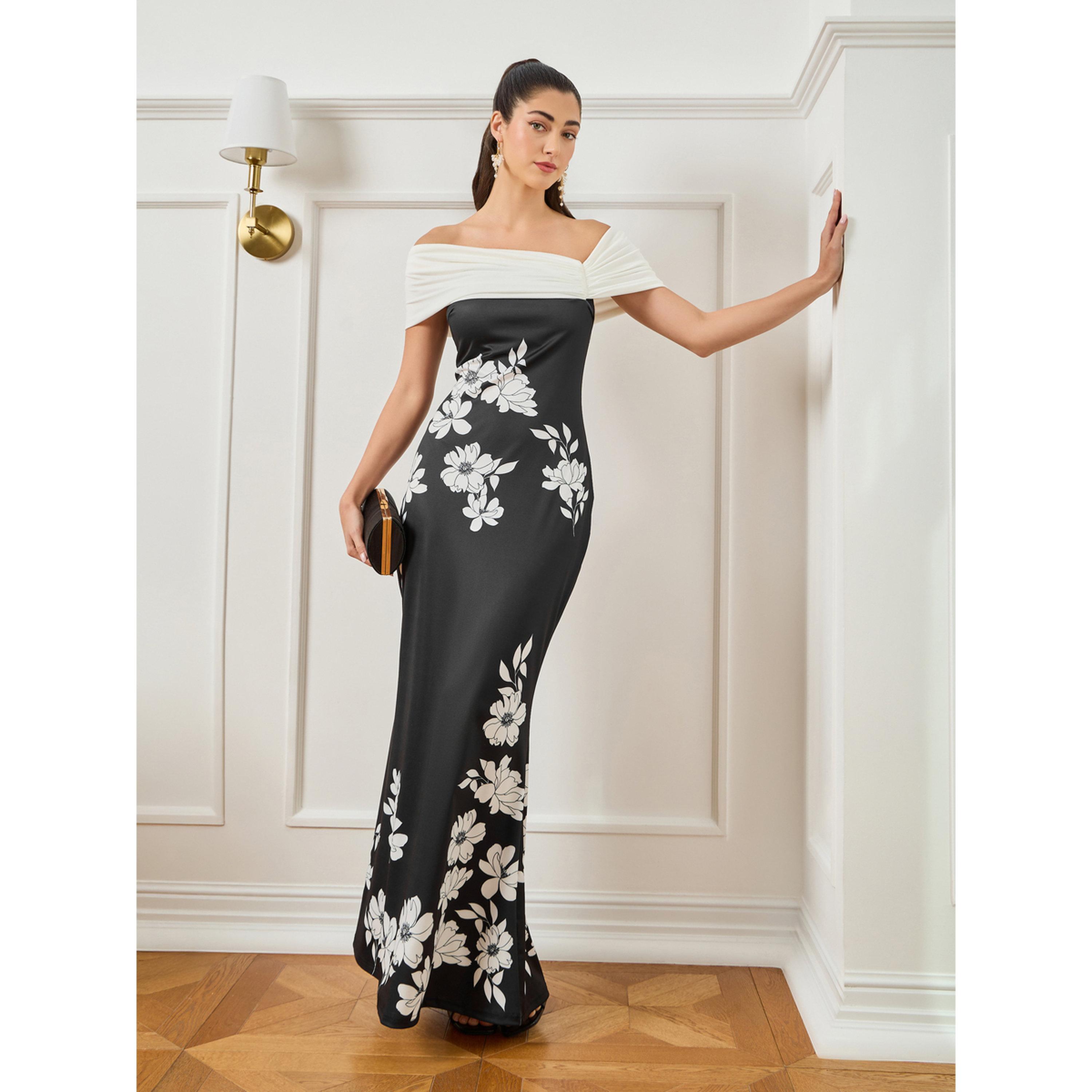 Styli Women Black Floral Print Off-Shoulder Maxi Dress-women-clothing-dresses-image-2